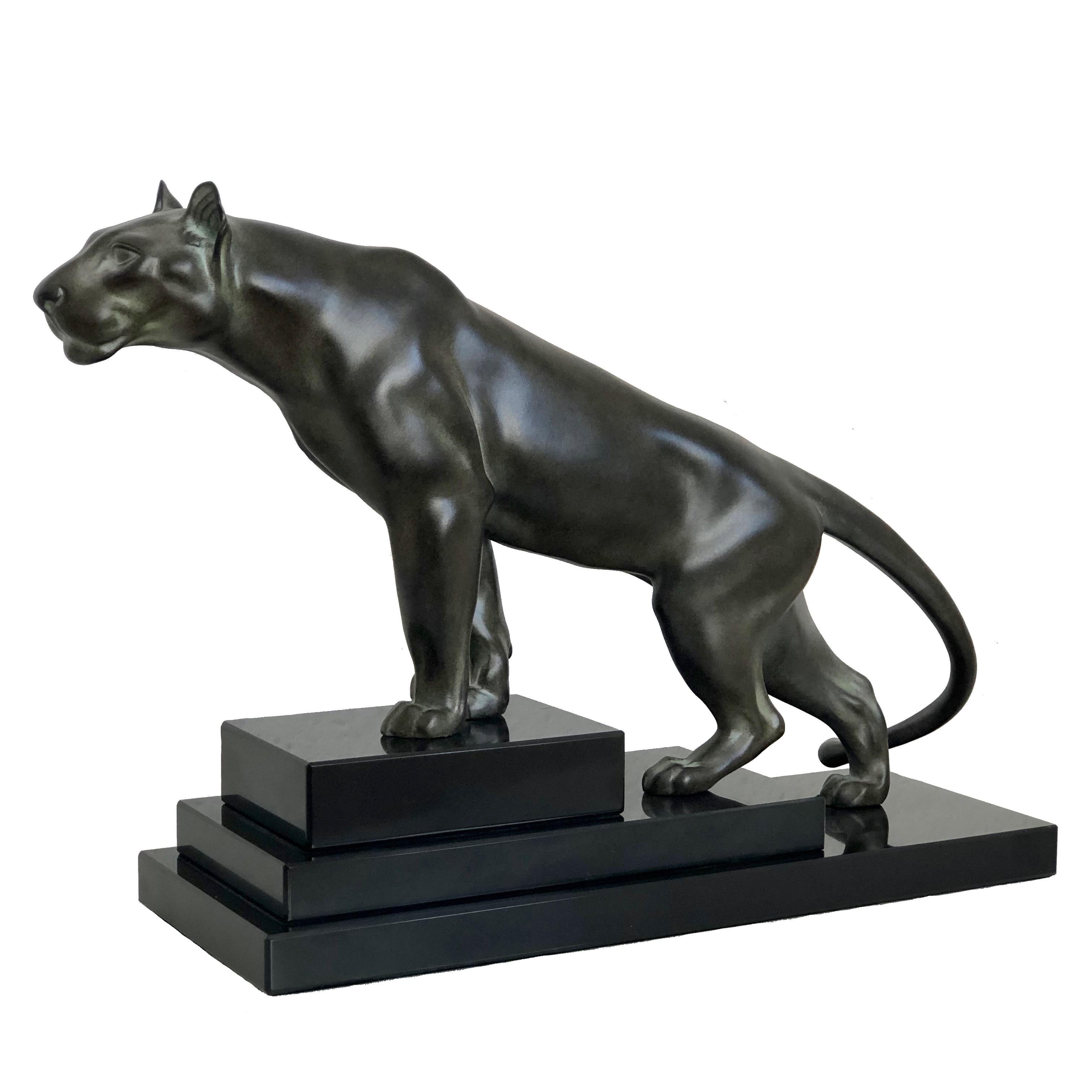 Art Deco Green Patinated Panther Sculpture Jungle Original Max Le Verrier Spelter Marble