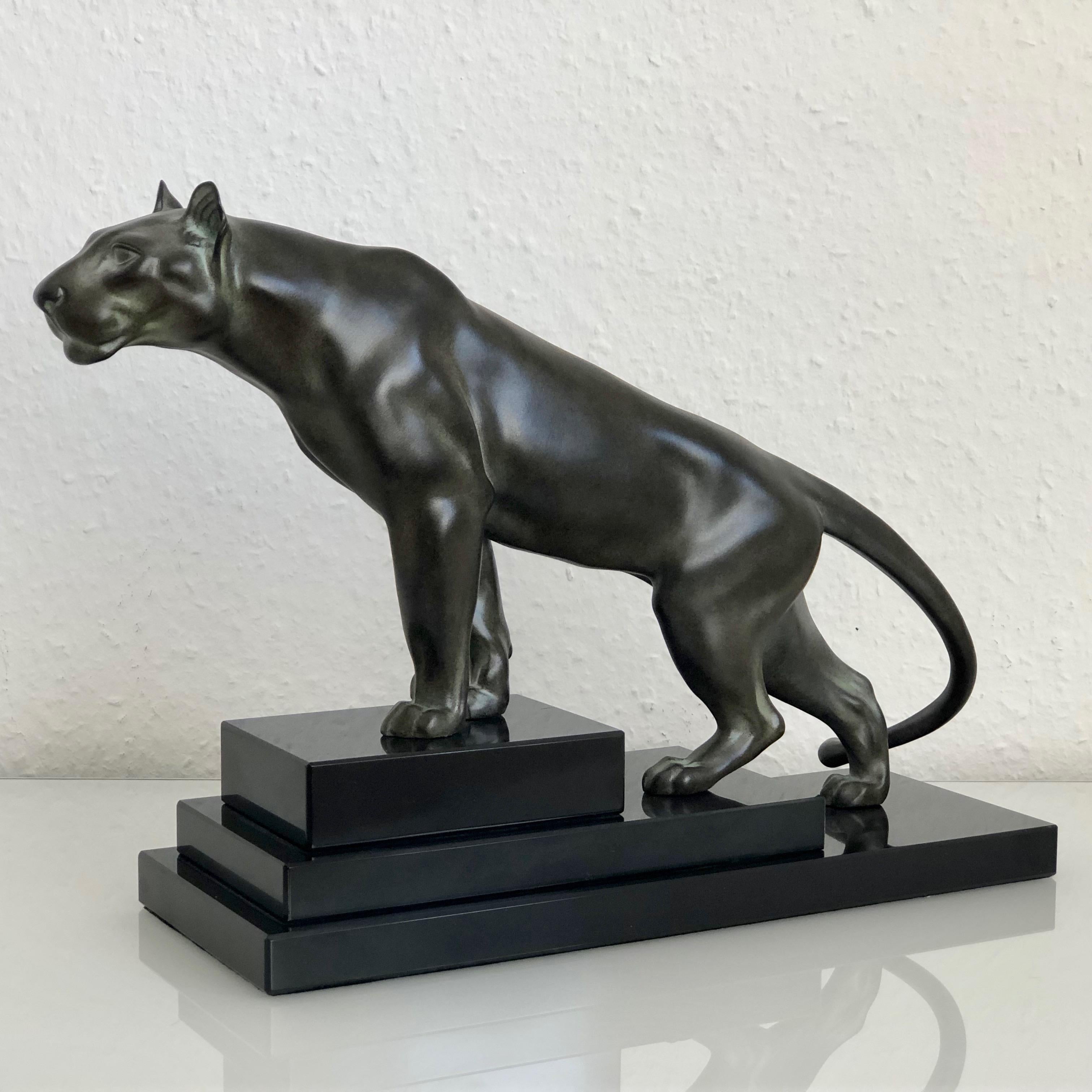 French Green Patinated Panther Sculpture Jungle Original Max Le Verrier Spelter Marble
