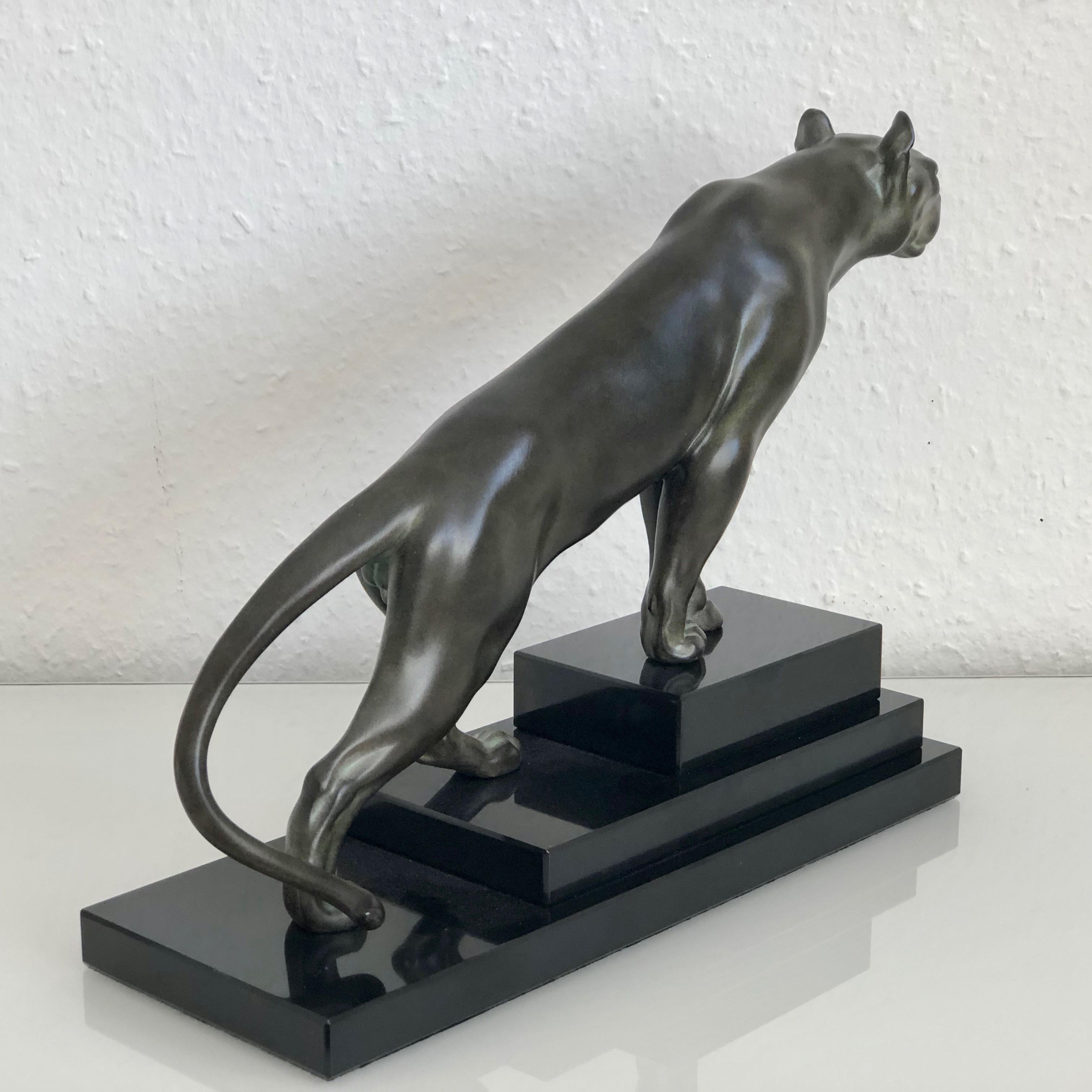 Contemporary Green Patinated Panther Sculpture Jungle Original Max Le Verrier Spelter Marble