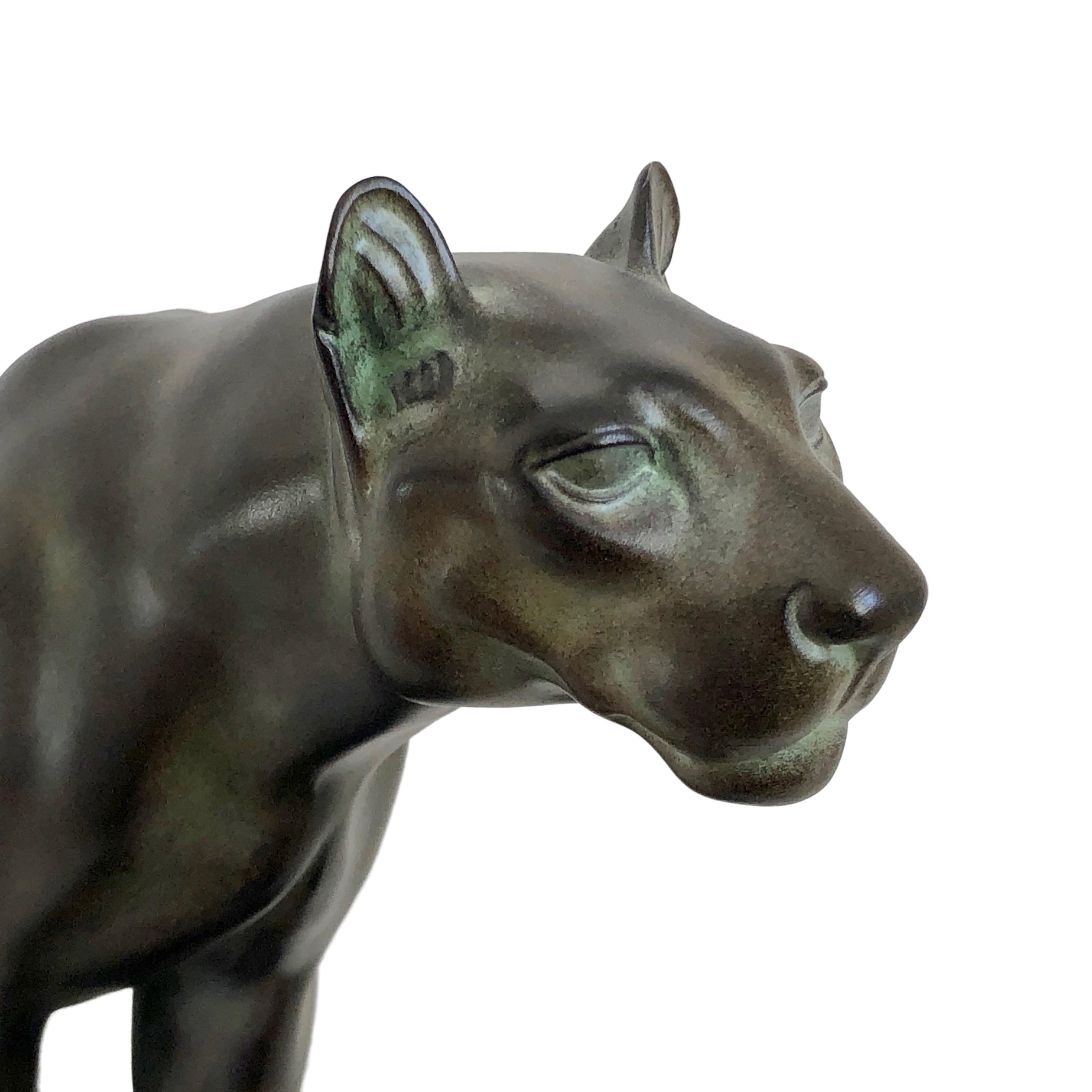 Contemporary Green Patinated Panther Sculpture Jungle Original Max Le Verrier Spelter Marble