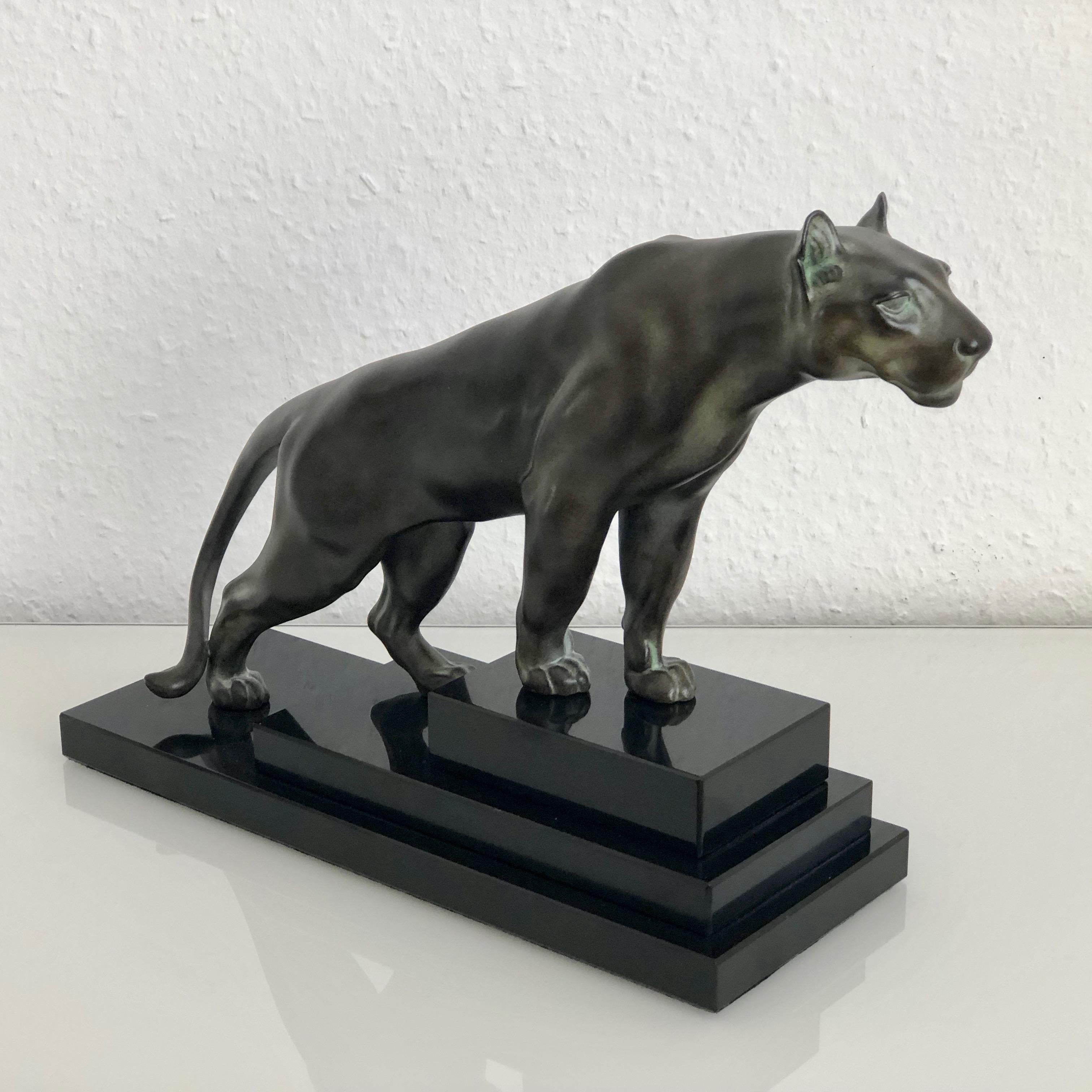 Green Patinated Panther Sculpture Jungle Original Max Le Verrier Spelter Marble 1
