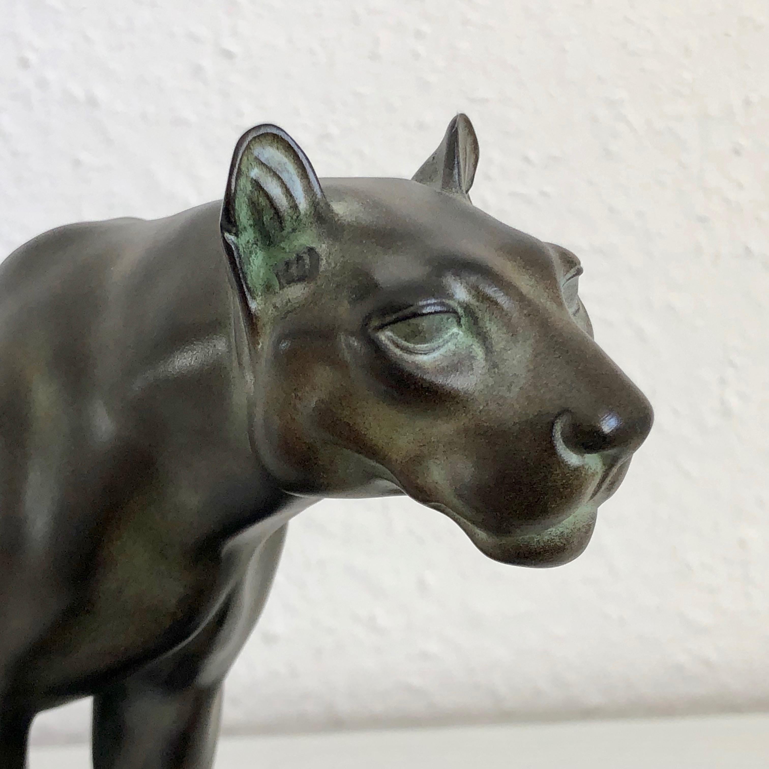 Green Patinated Panther Sculpture Jungle Original Max Le Verrier Spelter Marble 2