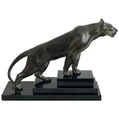 Green Patinated Panther Sculpture Jungle Original Max Le Verrier Spelter Marble