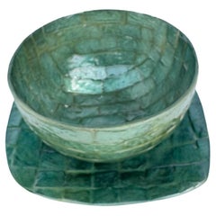 Green Patterned Lacquer Bowl and Tray Set