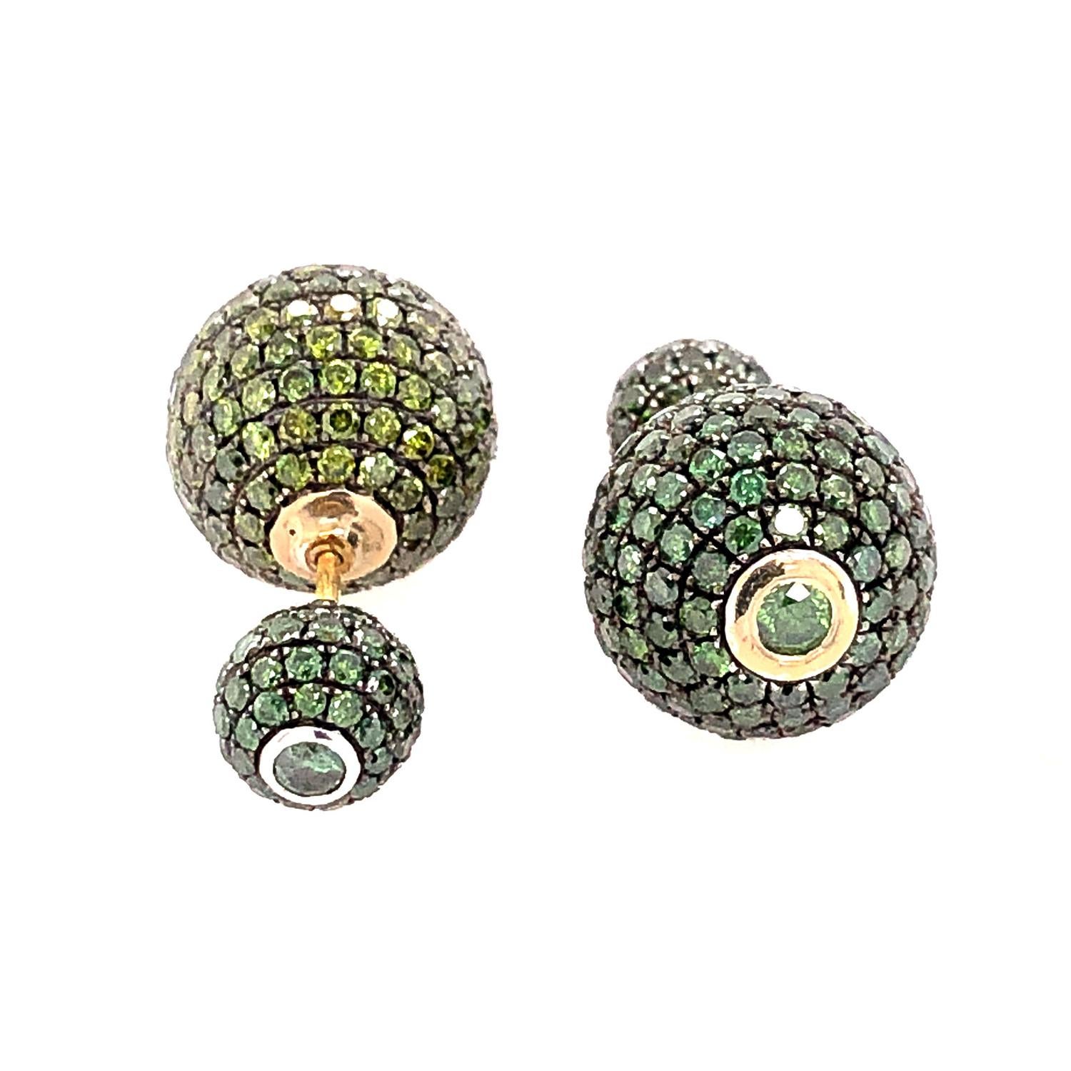 Artisan Green Pave Diamond Ball Tunnel Earrings Made in 14k Gold & Silver For Sale