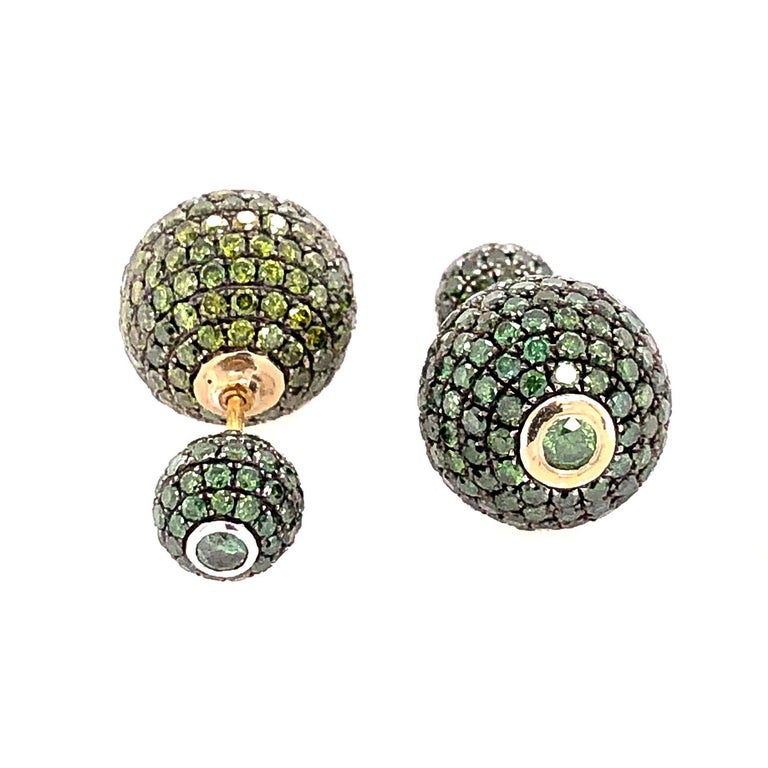 Green Pave Diamond Ball Tunnel Earrings Made in 14k Gold and Silver For