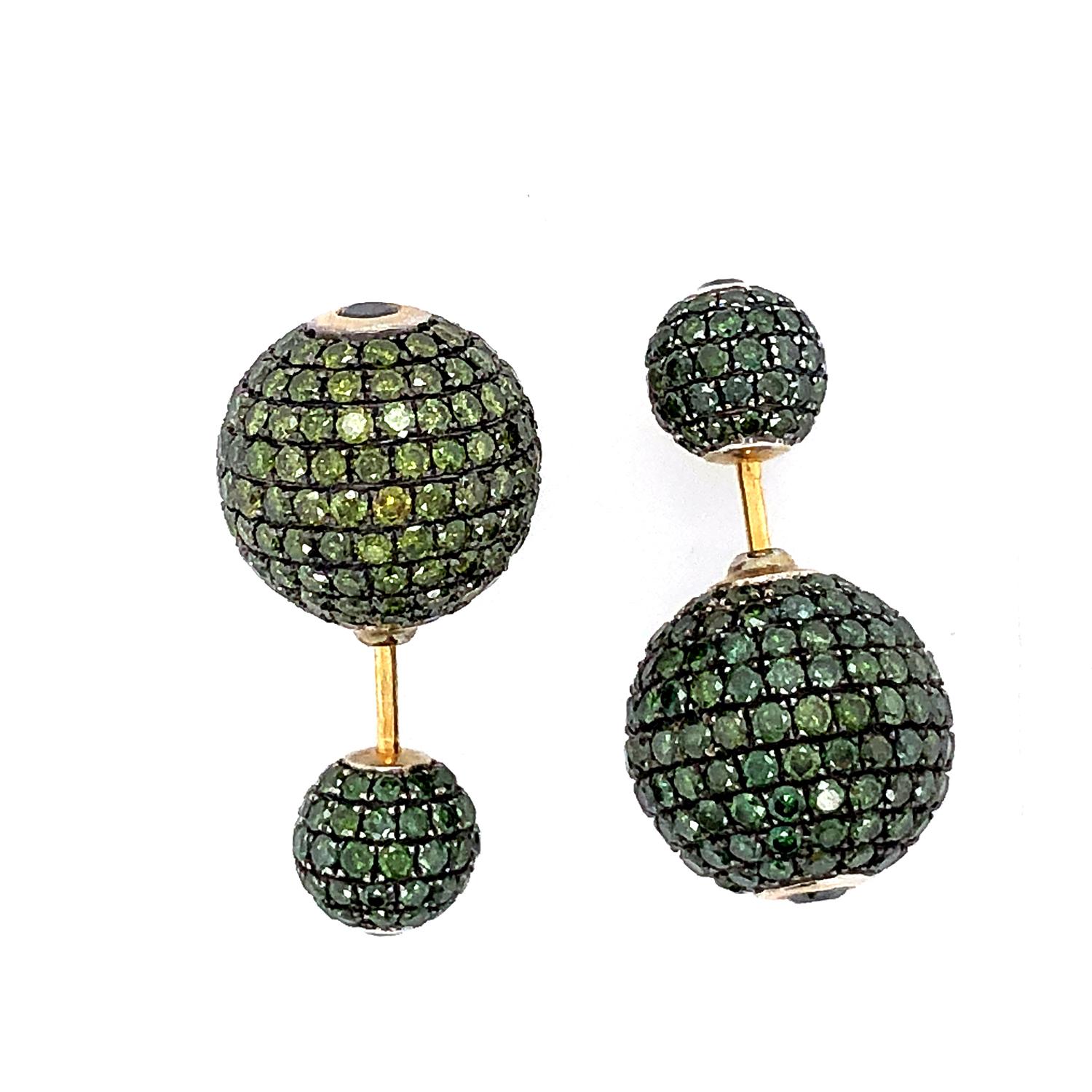 Mixed Cut Green Pave Diamond Ball Tunnel Earrings Made in 14k Gold & Silver For Sale