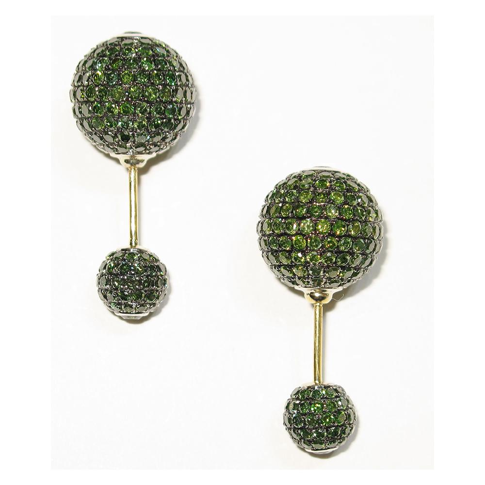 Green Pave Diamond Ball Tunnel Earrings Made in 14k Gold & Silver In New Condition For Sale In New York, NY