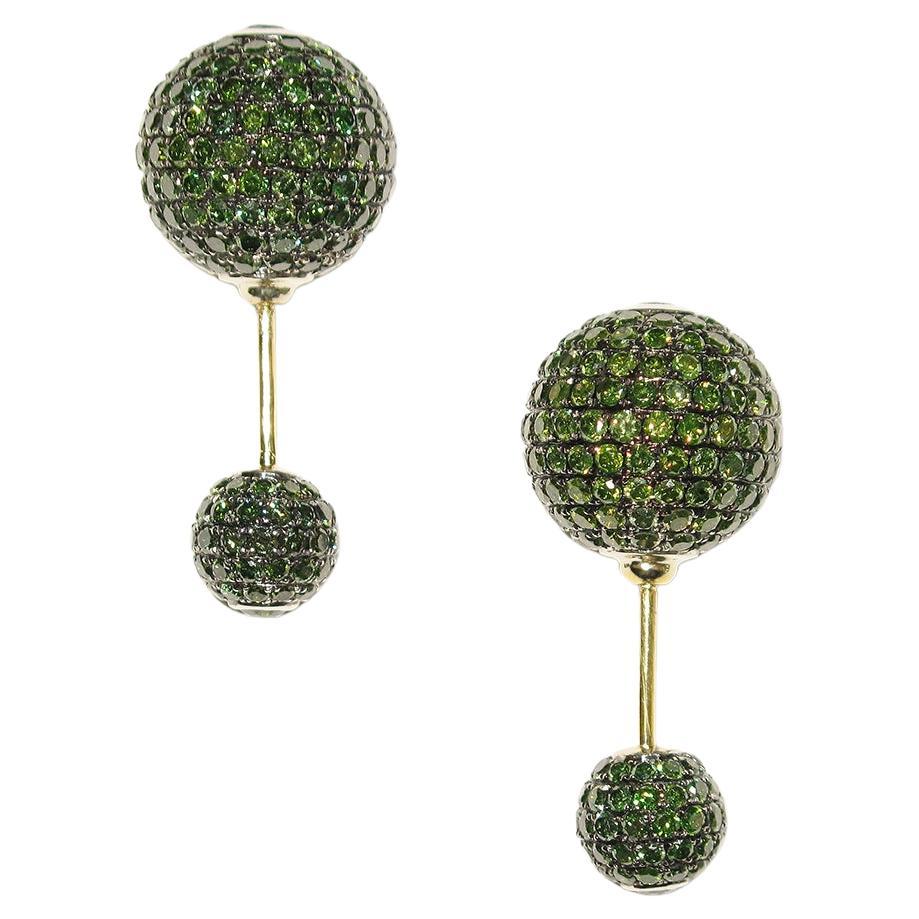 Green Pave Diamond Ball Tunnel Earrings Made in 14k Gold & Silver For Sale