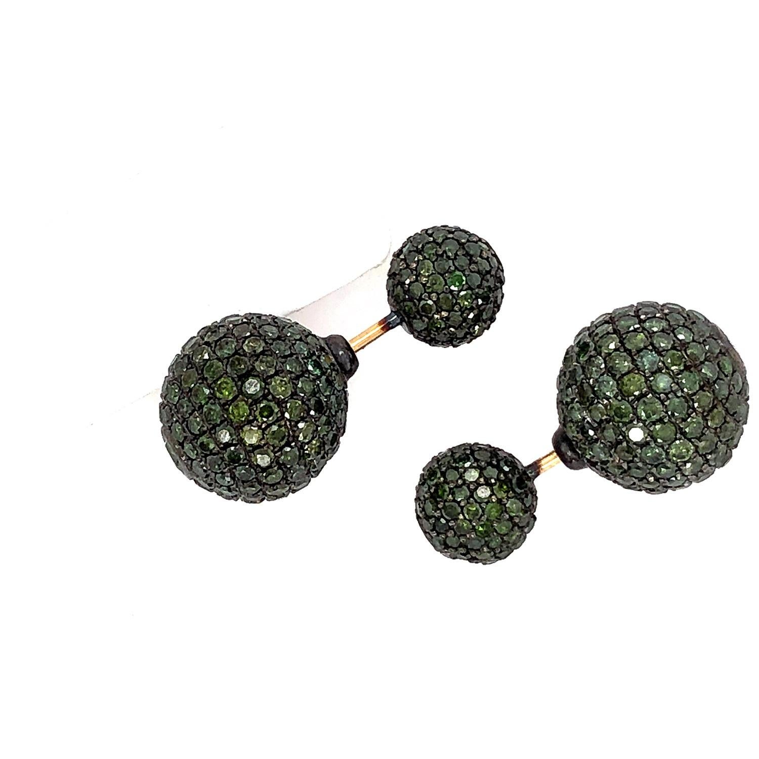 Artisan Green Pave Diamond Tunnel Earring Made in 14k Gold For Sale