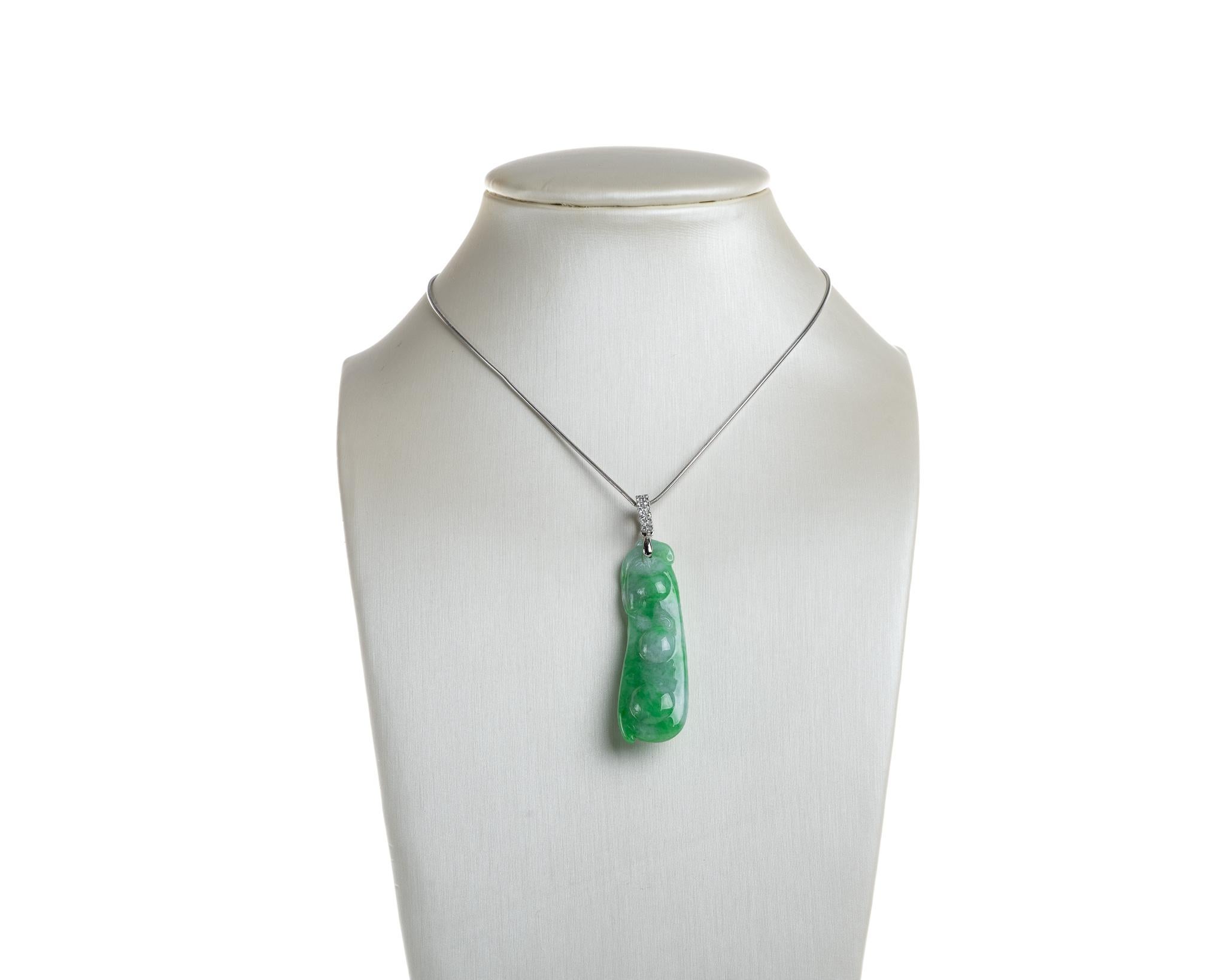 Contemporary Green Peapod Jadeite Jade and Diamond Pendant, Certified Untreated For Sale