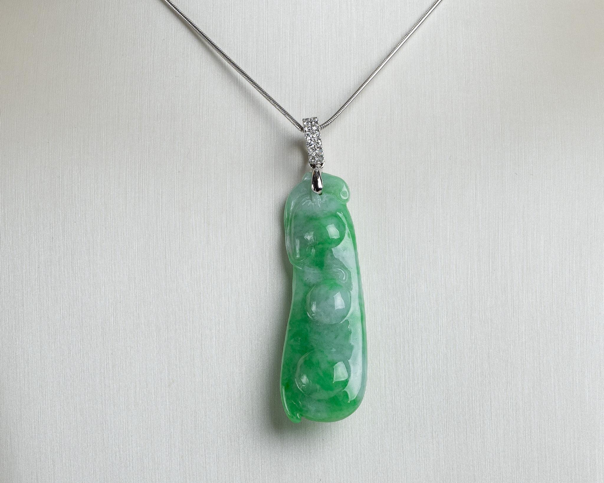 Rough Cut Green Peapod Jadeite Jade and Diamond Pendant, Certified Untreated For Sale