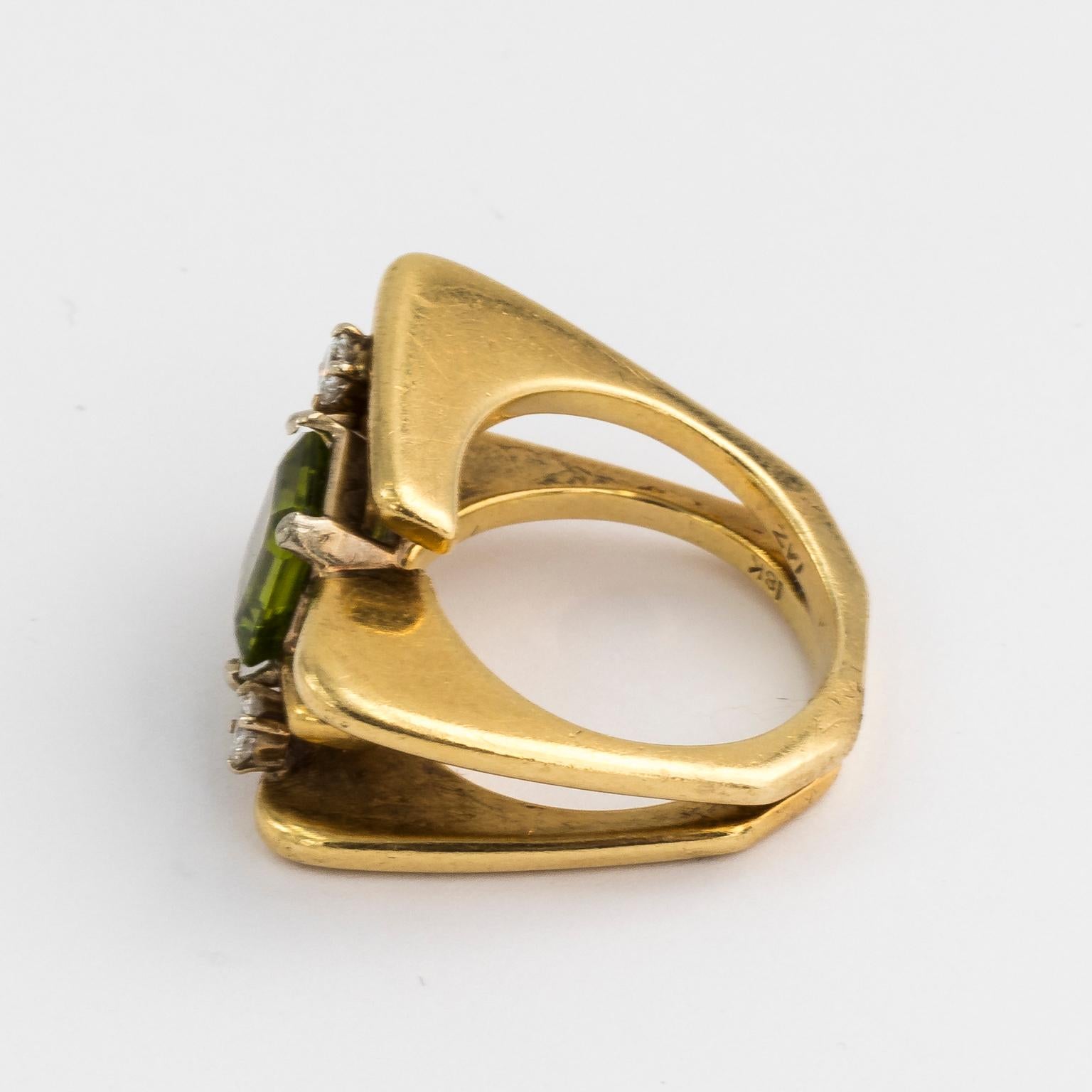 Modern Green Peridot and Diamond Ring