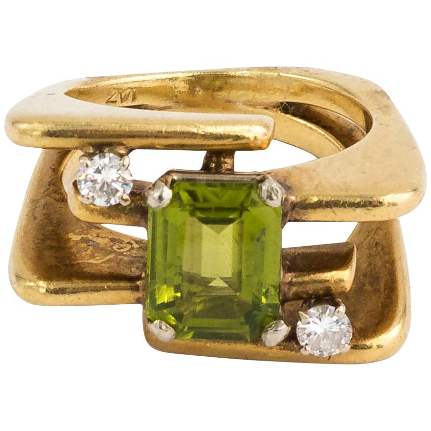Green Peridot and Diamond Ring