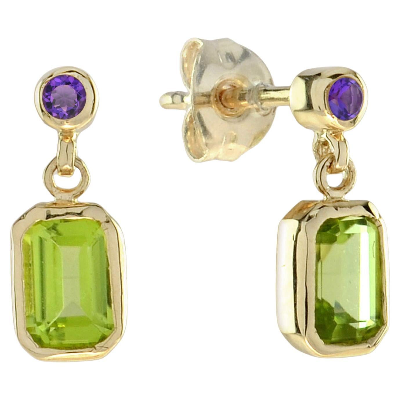 Green Peridot and Purple Violet Amethyst Vintage Style Drop Yellow Gold Earrings