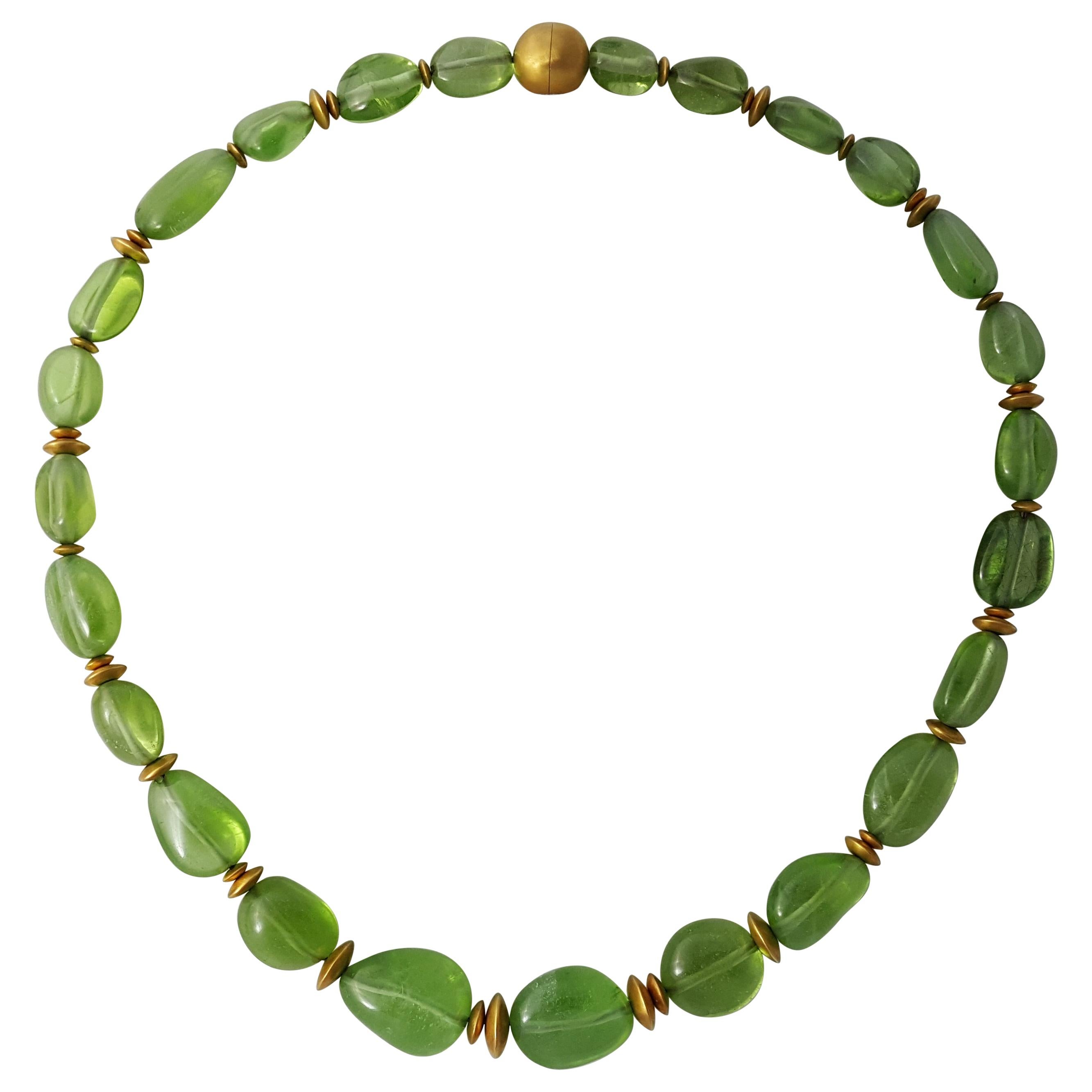 Green Peridot Baroque Beaded Necklace with 18 Carat Mat Yellow Gold