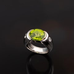 Green Peridot Diamond 18K White and Yellow Gold Solitaire Ring