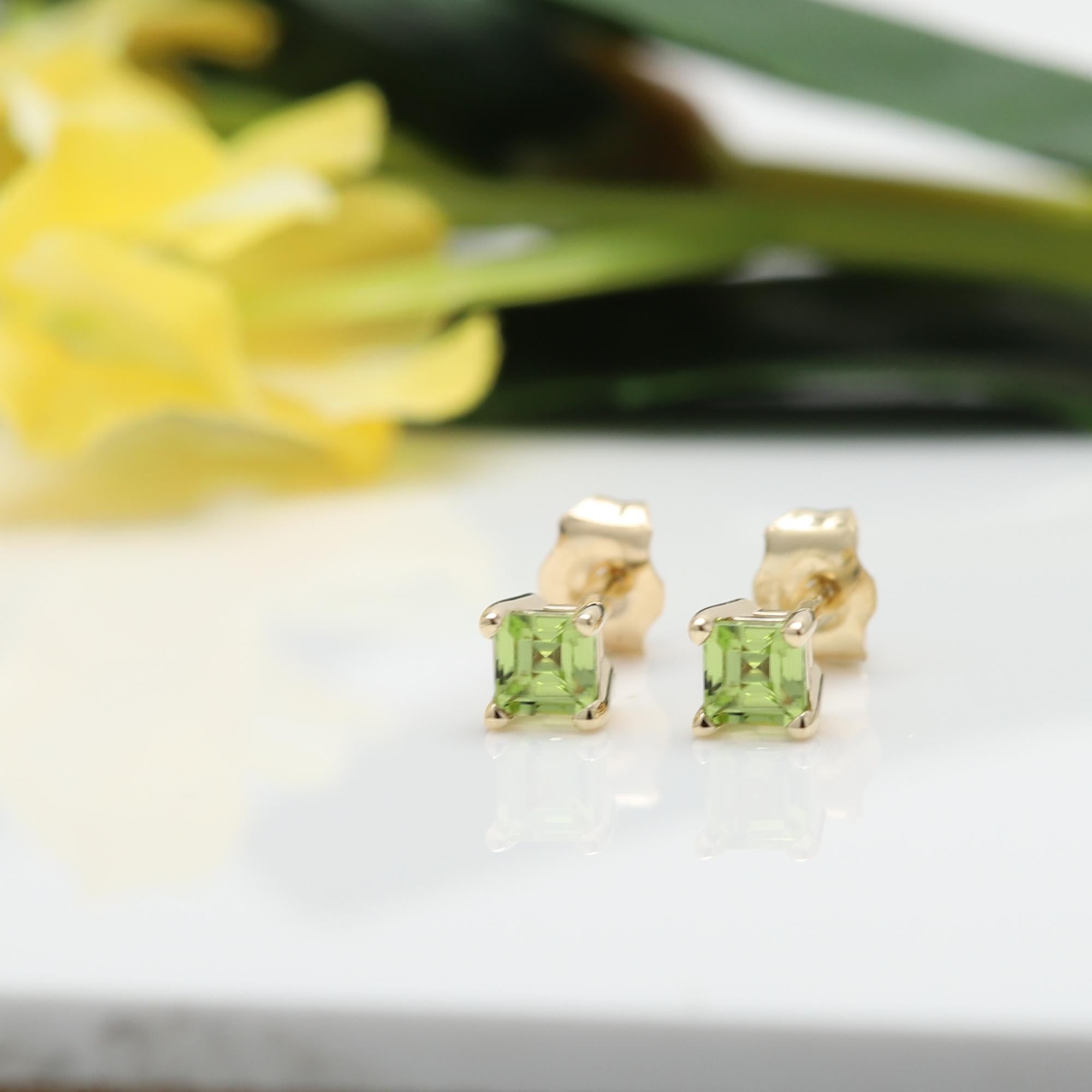 Solid 14k Yellow Gold 
Natural Green Peridot Gemstone
1 pair ( 2pieces )
each stone is 3.0 mm approx 0.20 carat 
Square shape
AA Quality Gems
due to natural formations minor inclusions or imperfections may occur
Good for any age
+Gift Box
