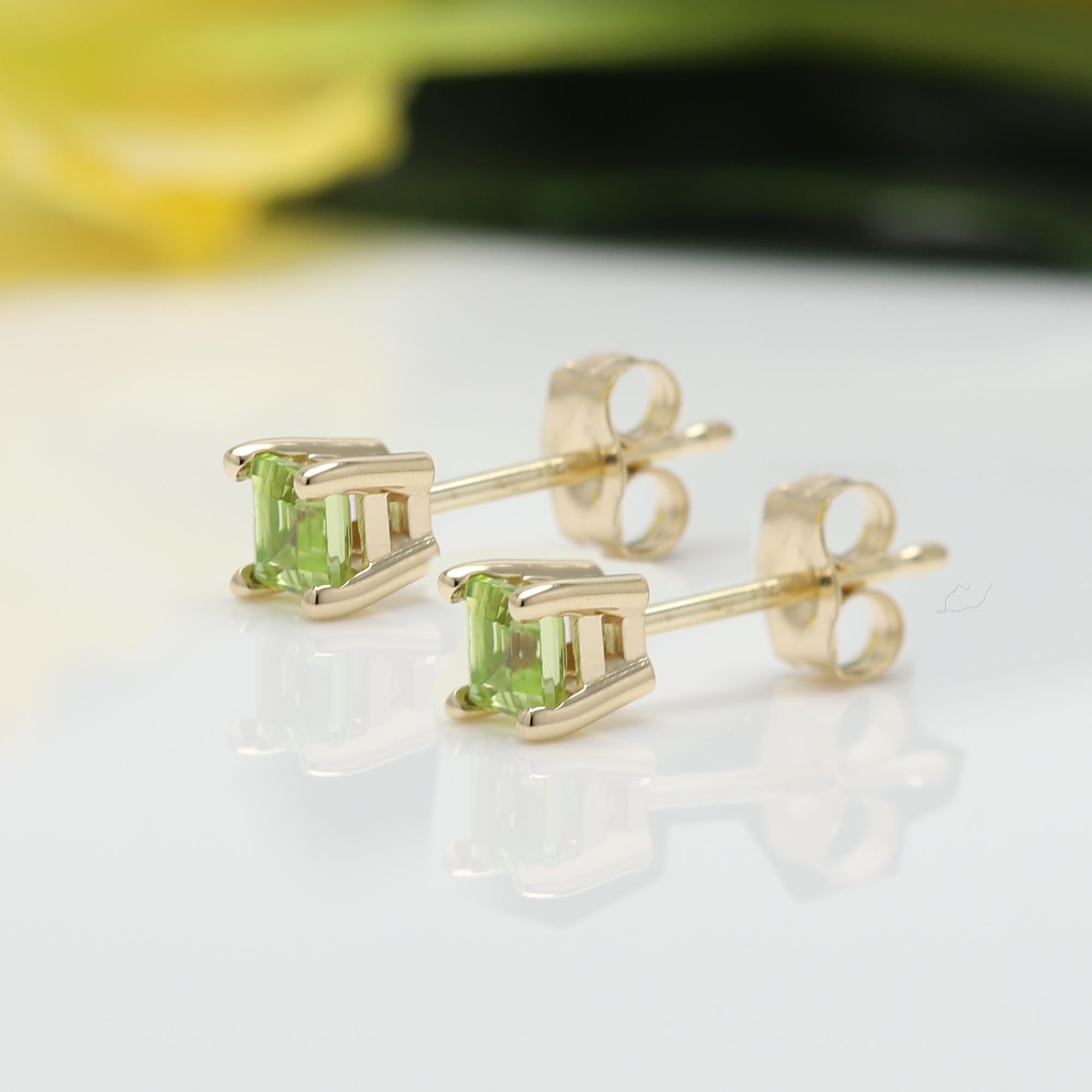 Square Cut Green Peridot Earring Studs Mini Cute Size 14 Karat Yellow Gold, Natural Gems For Sale