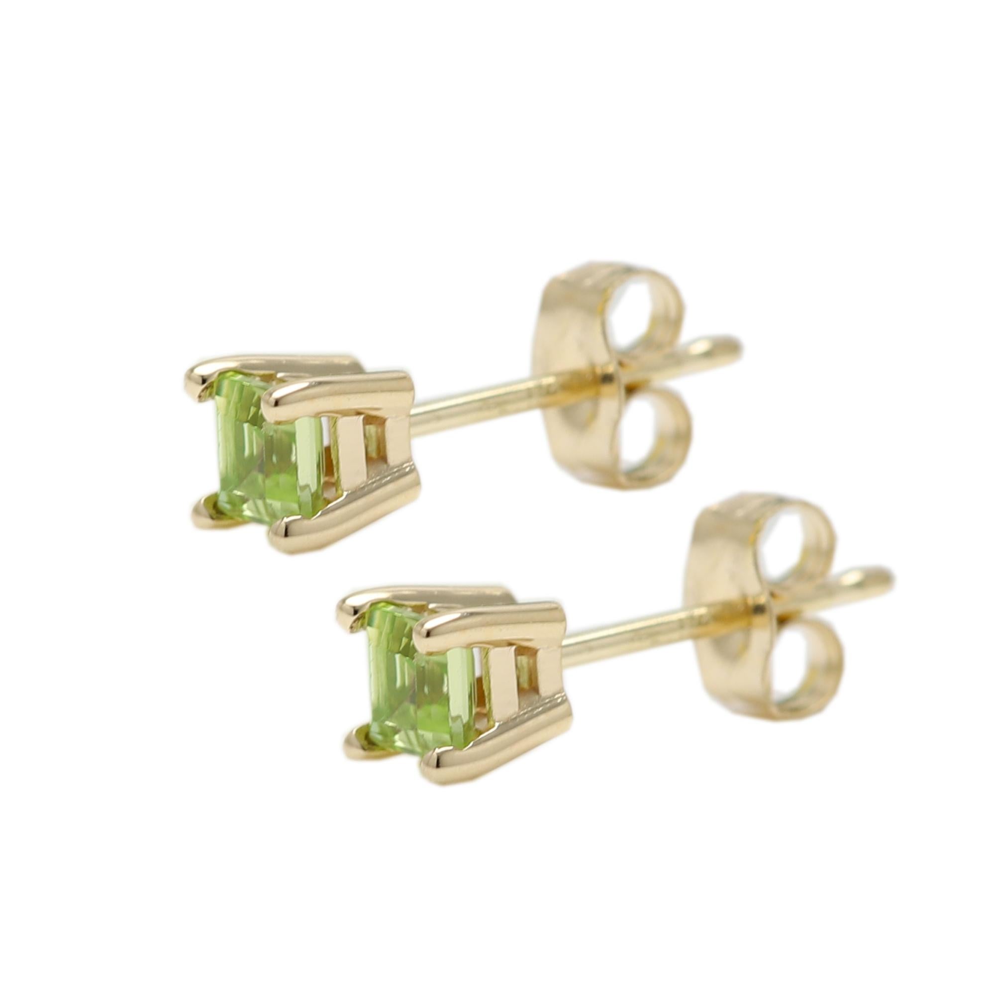 Women's Green Peridot Earring Studs Mini Cute Size 14 Karat Yellow Gold, Natural Gems For Sale
