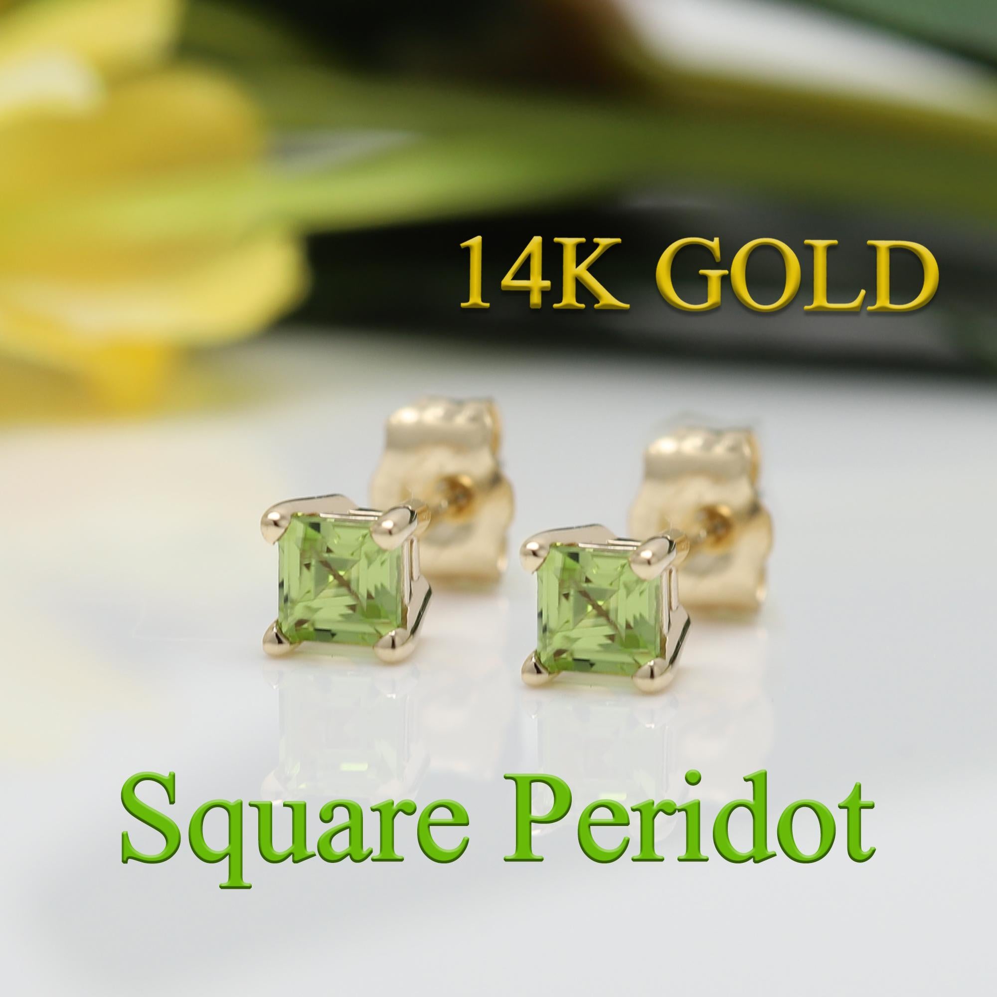 Green Peridot Earring Studs Mini Cute Size 14 Karat Yellow Gold, Natural Gems For Sale 1