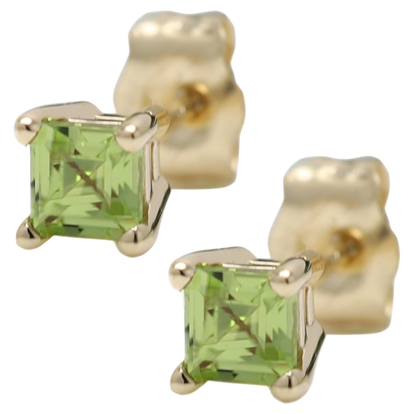 Green Peridot Earring Studs Mini Cute Size 14 Karat Yellow Gold, Natural Gems For Sale