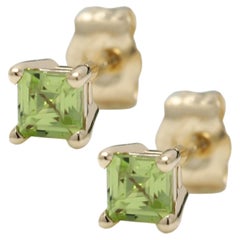 Green Peridot Earring Studs Mini Cute Size 14 Karat Yellow Gold, Natural Gems
