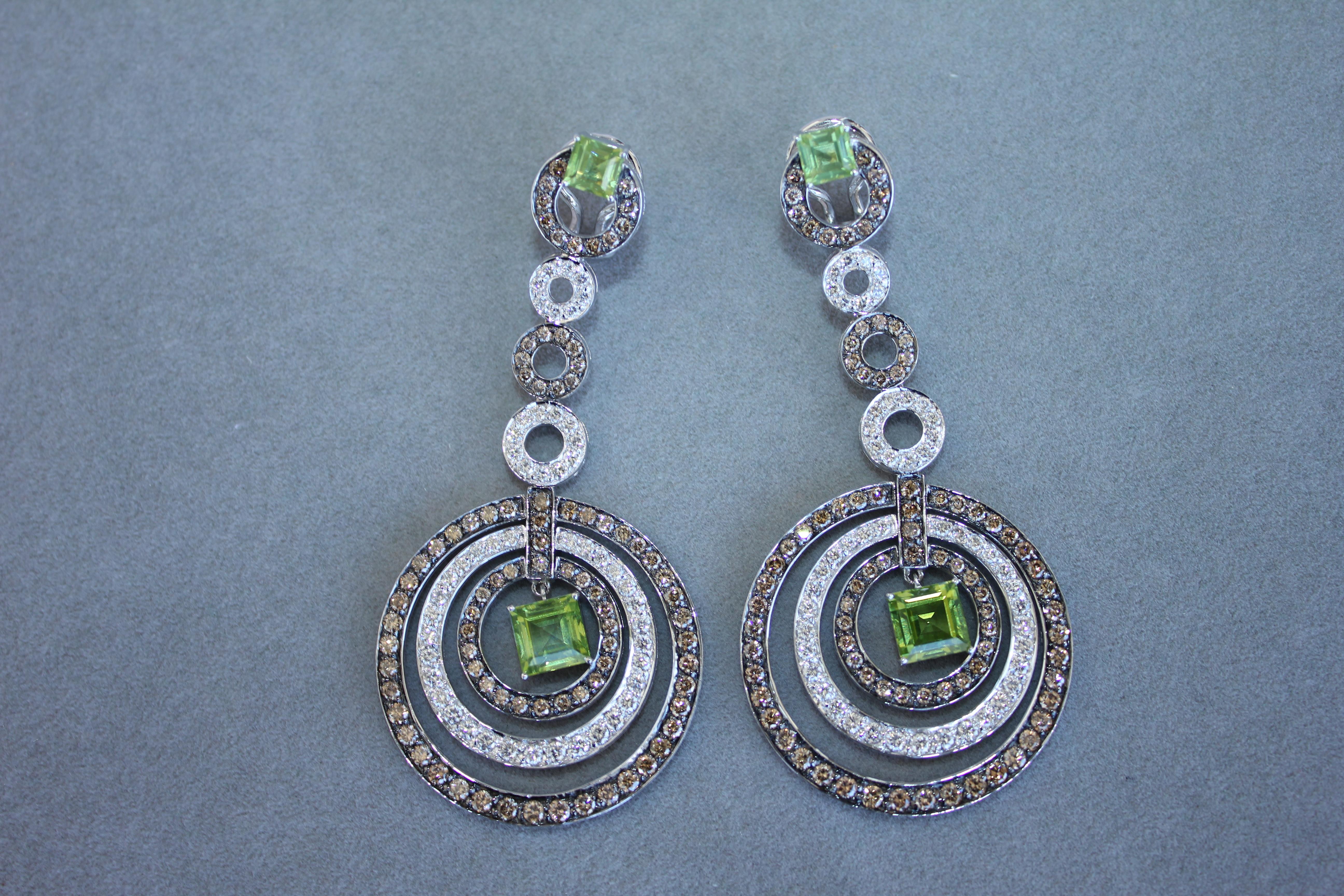 Mixed Cut Green Peridot Faceted Square White & Brown Diamond 18K White Black Gold Earrings For Sale