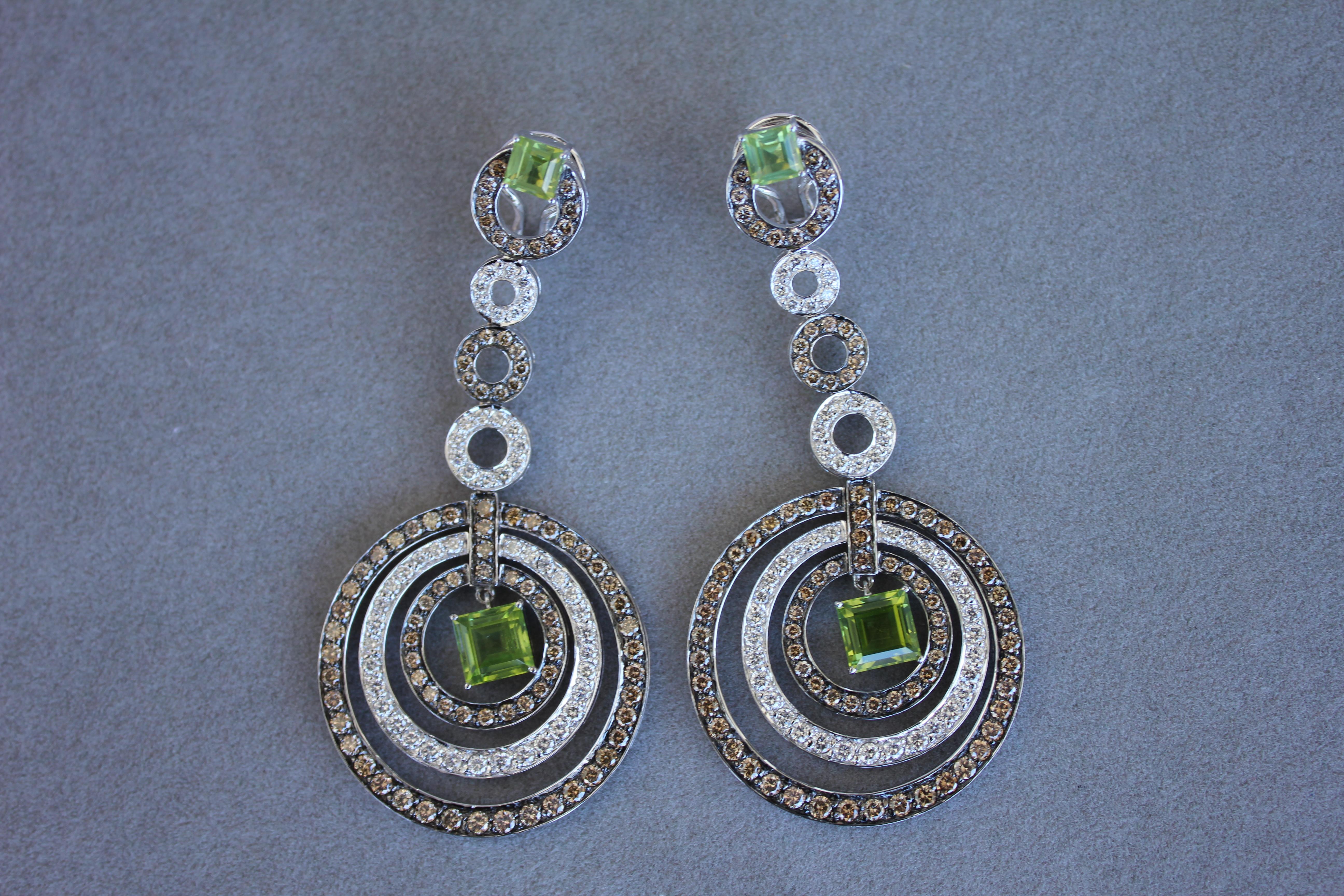 Green Peridot Faceted Square White & Brown Diamond 18K White Black Gold Earrings In New Condition For Sale In Fairfax, VA