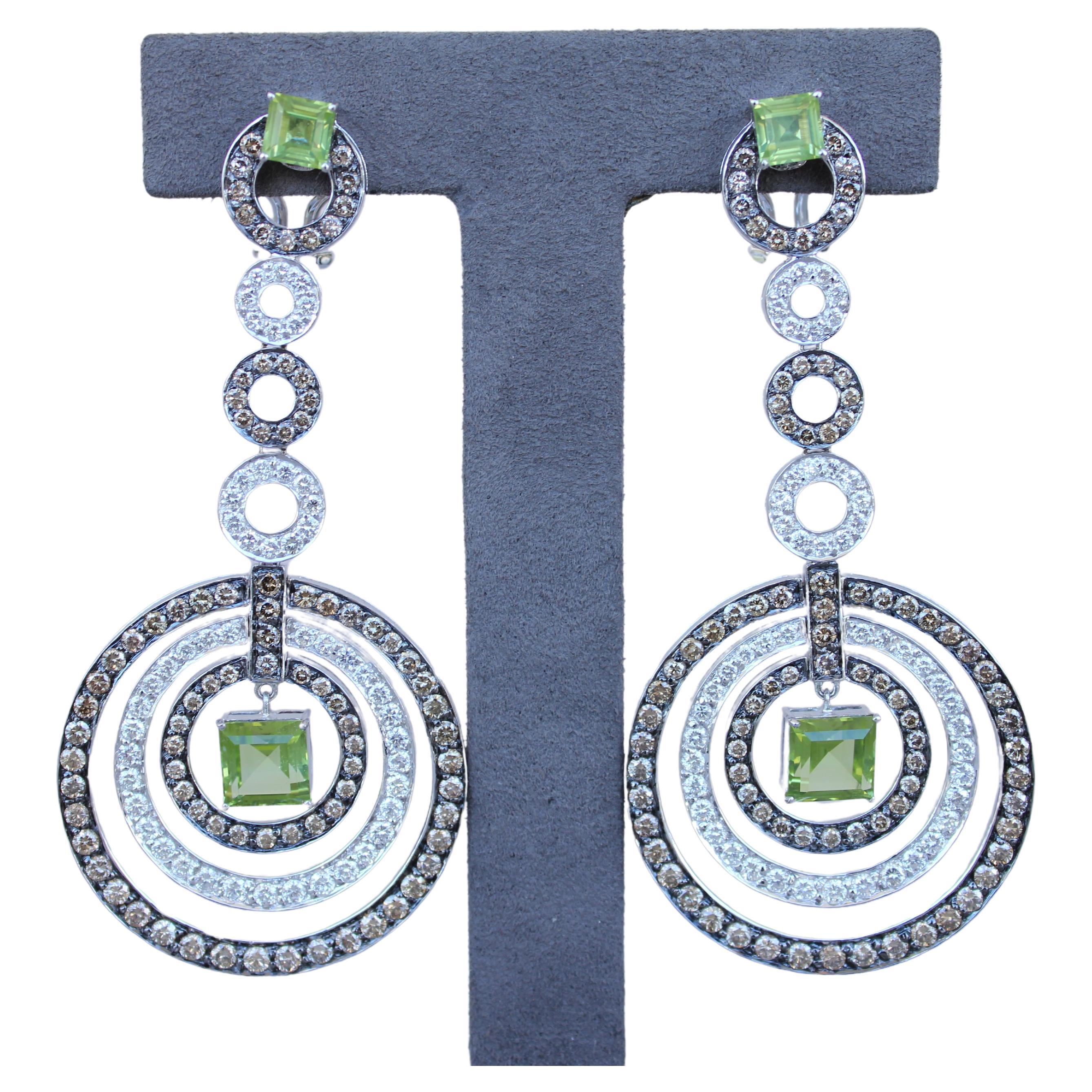 Green Peridot Faceted Square White & Brown Diamond 18K White Black Gold Earrings For Sale