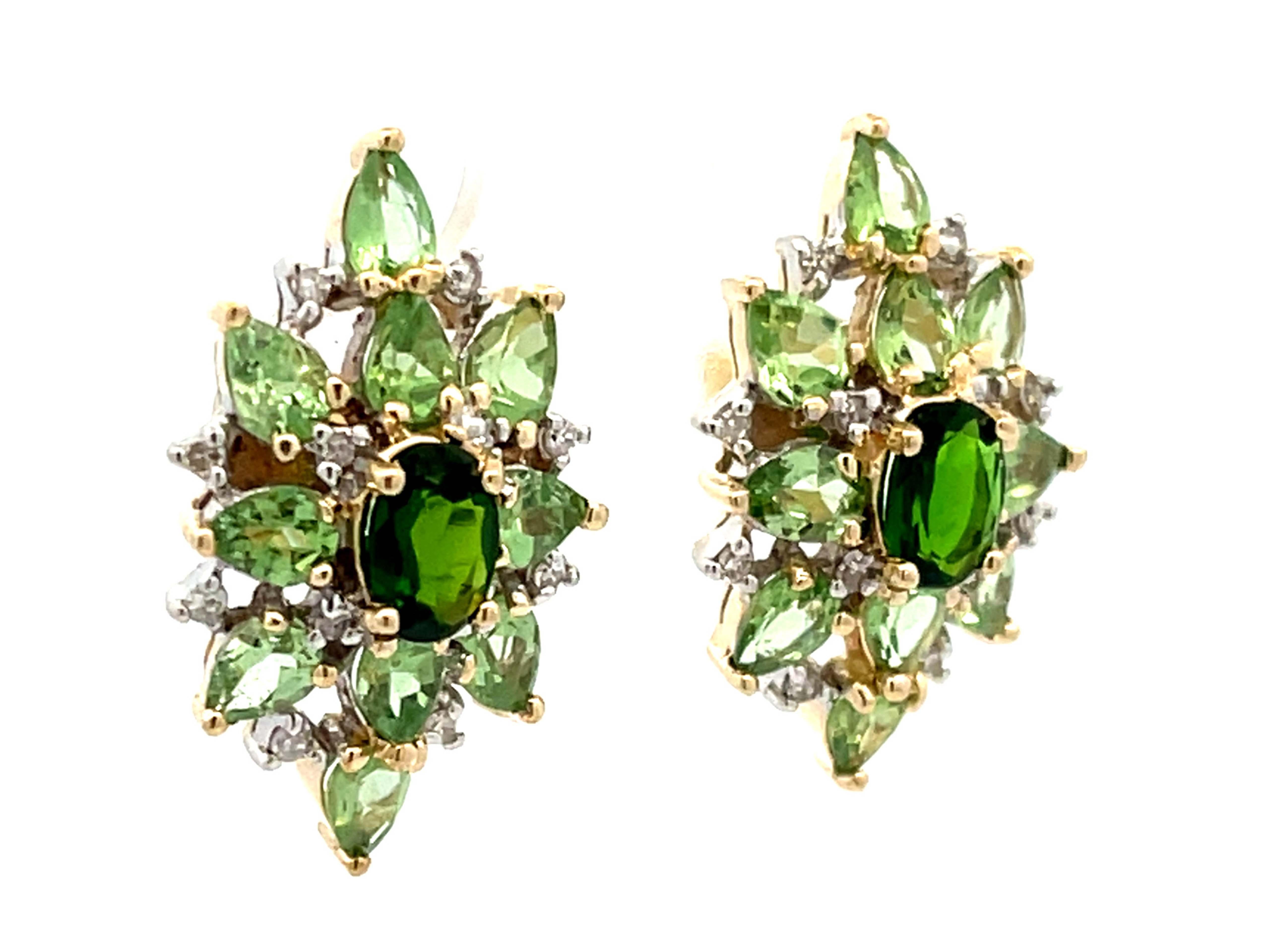 Modern Green Peridot Garnet and Diamond Earrings in 10k Yellow Gold For Sale