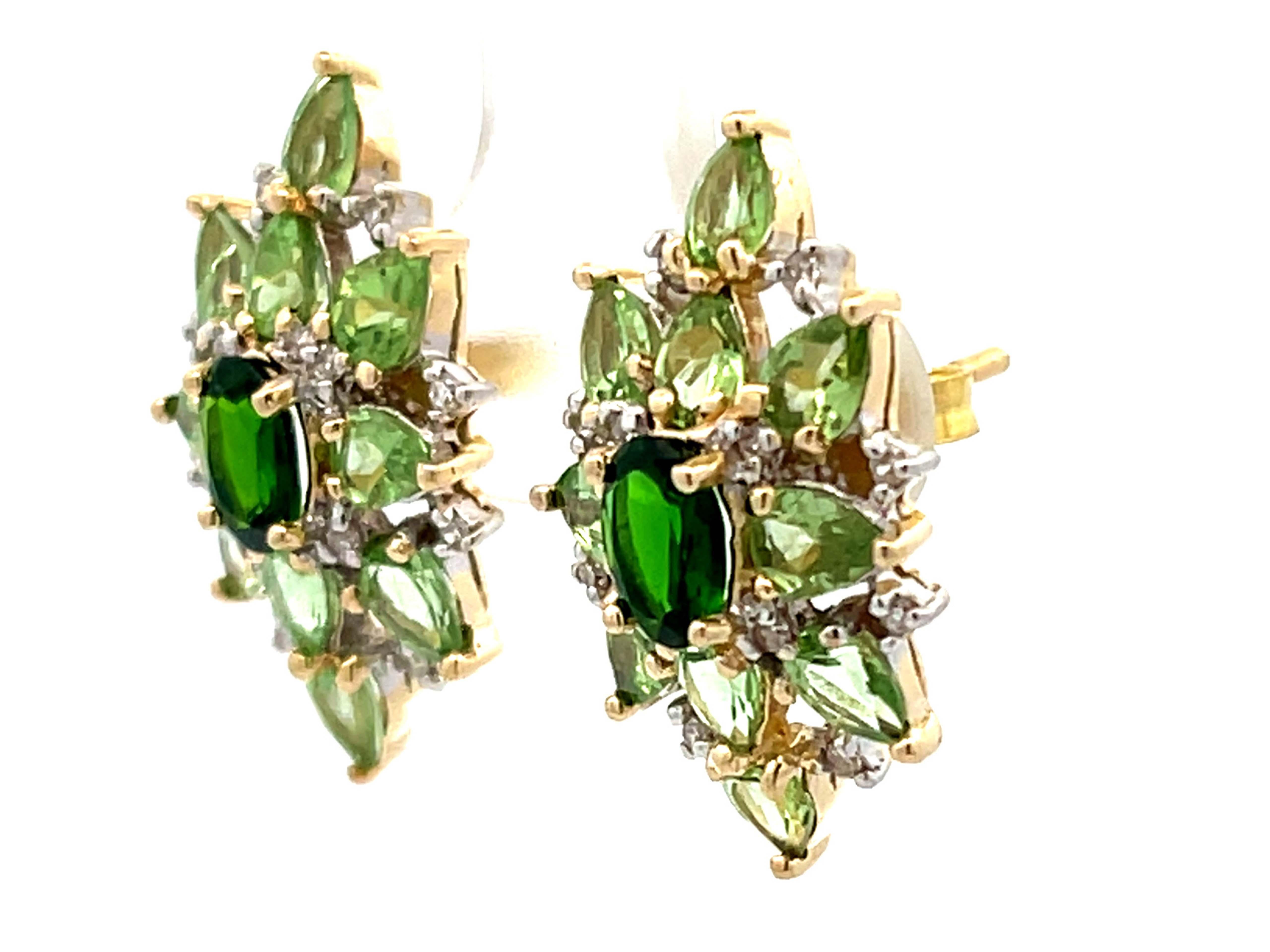 Single Cut Green Peridot Garnet and Diamond Earrings in 10k Yellow Gold For Sale
