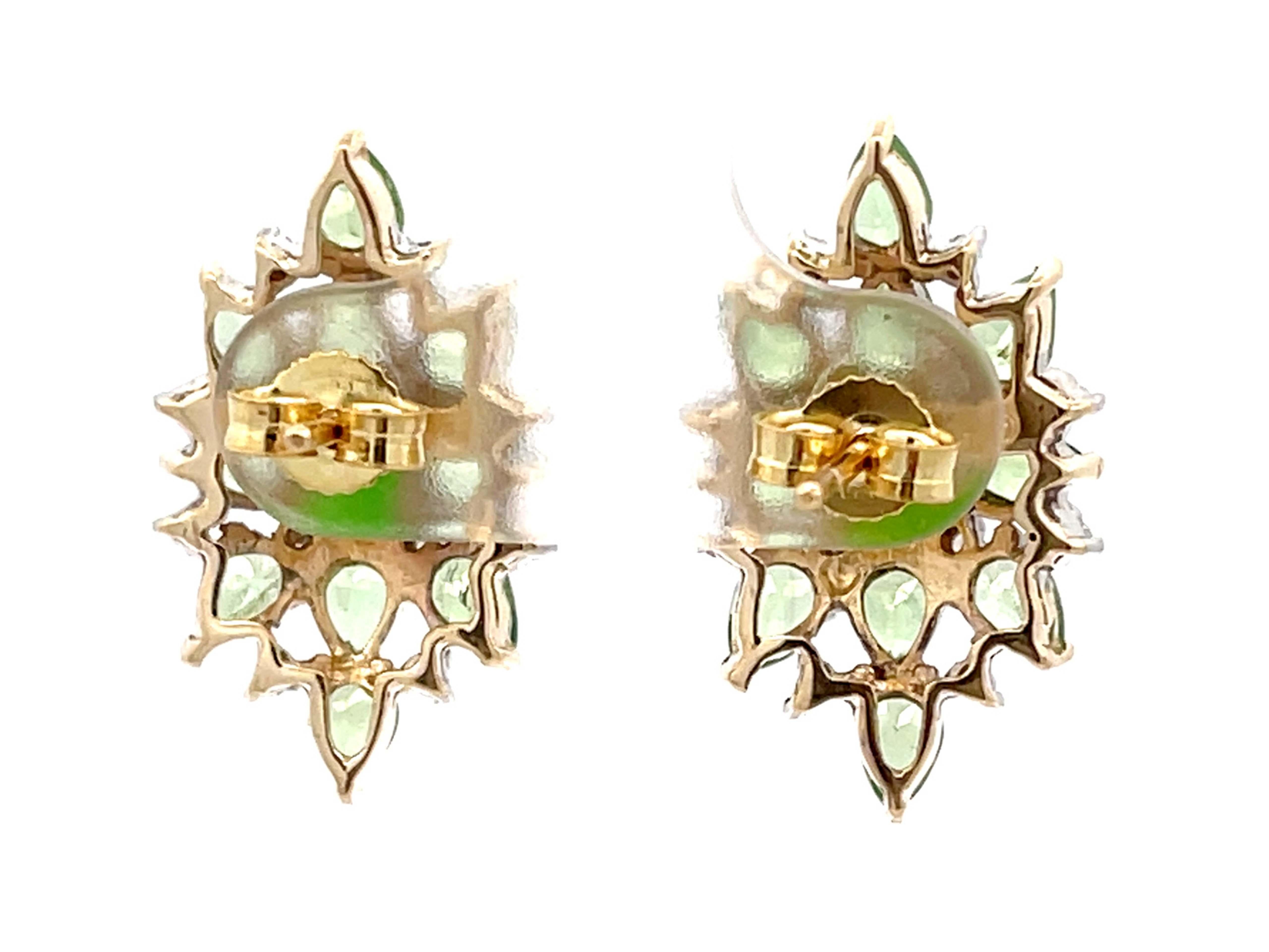 Green Peridot Garnet and Diamond Earrings in 10k Yellow Gold For Sale 1