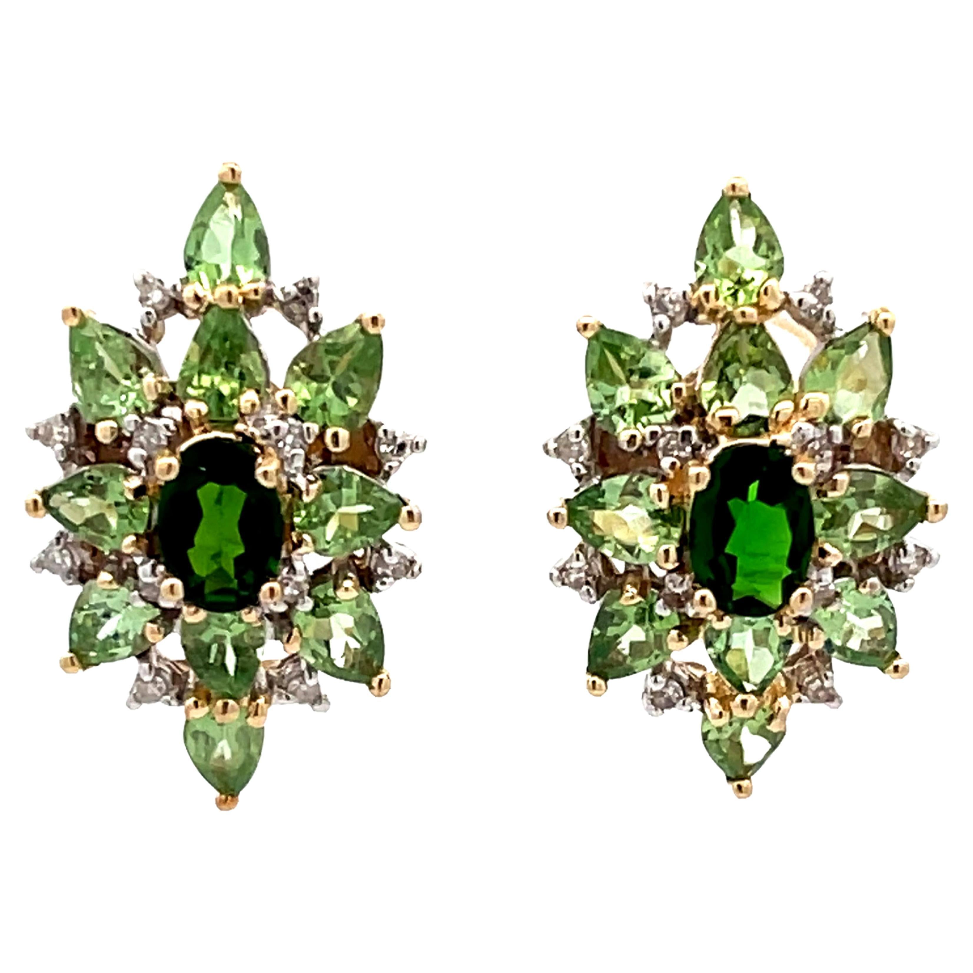 Green Peridot Garnet and Diamond Earrings in 10k Yellow Gold For Sale