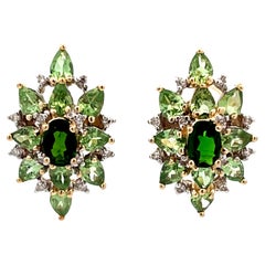Green Peridot Garnet and Diamond Earrings in 10k Yellow Gold
