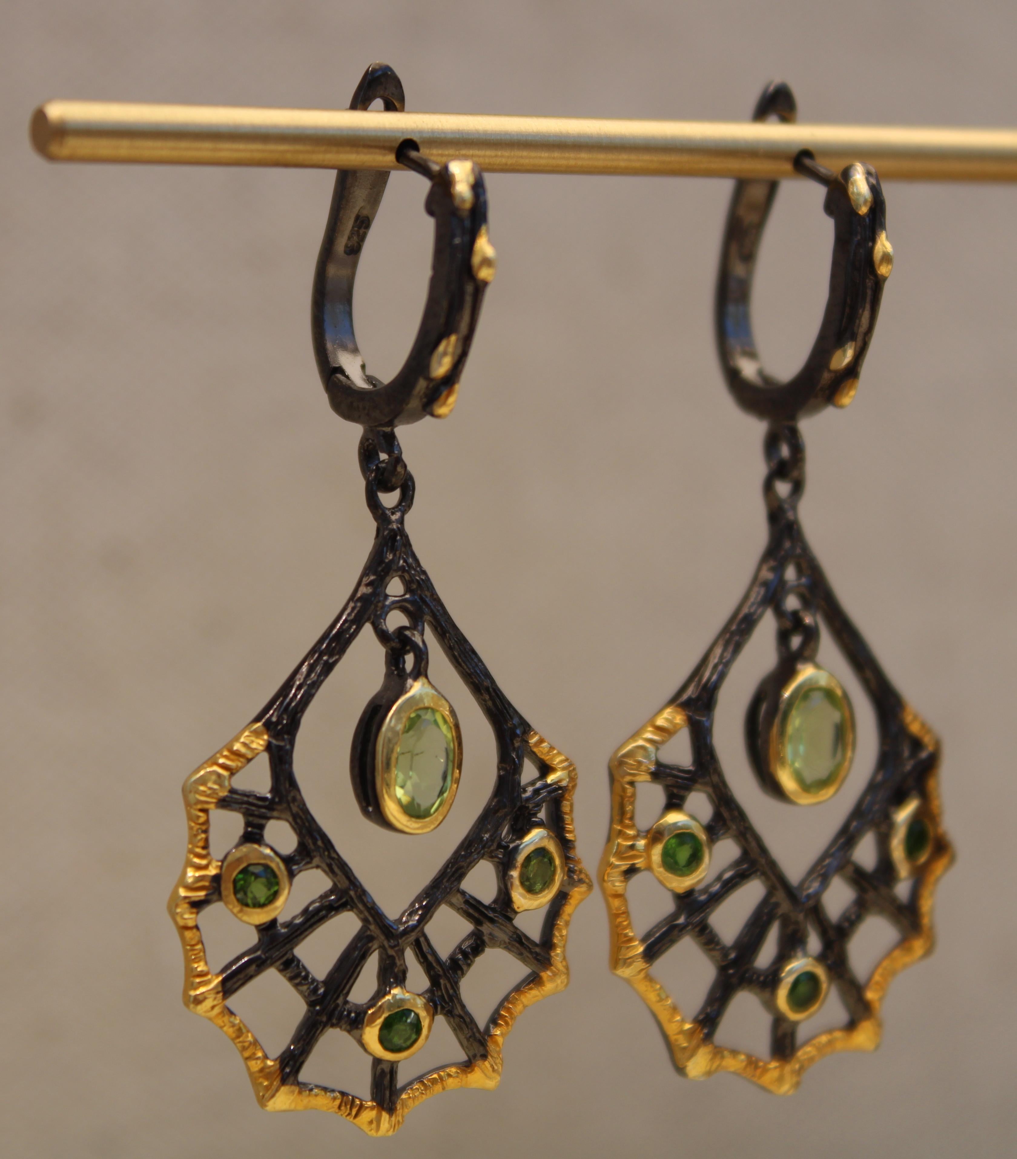 Oval Cut Green Peridot Gold & Black Rhodium Web Earrings For Sale