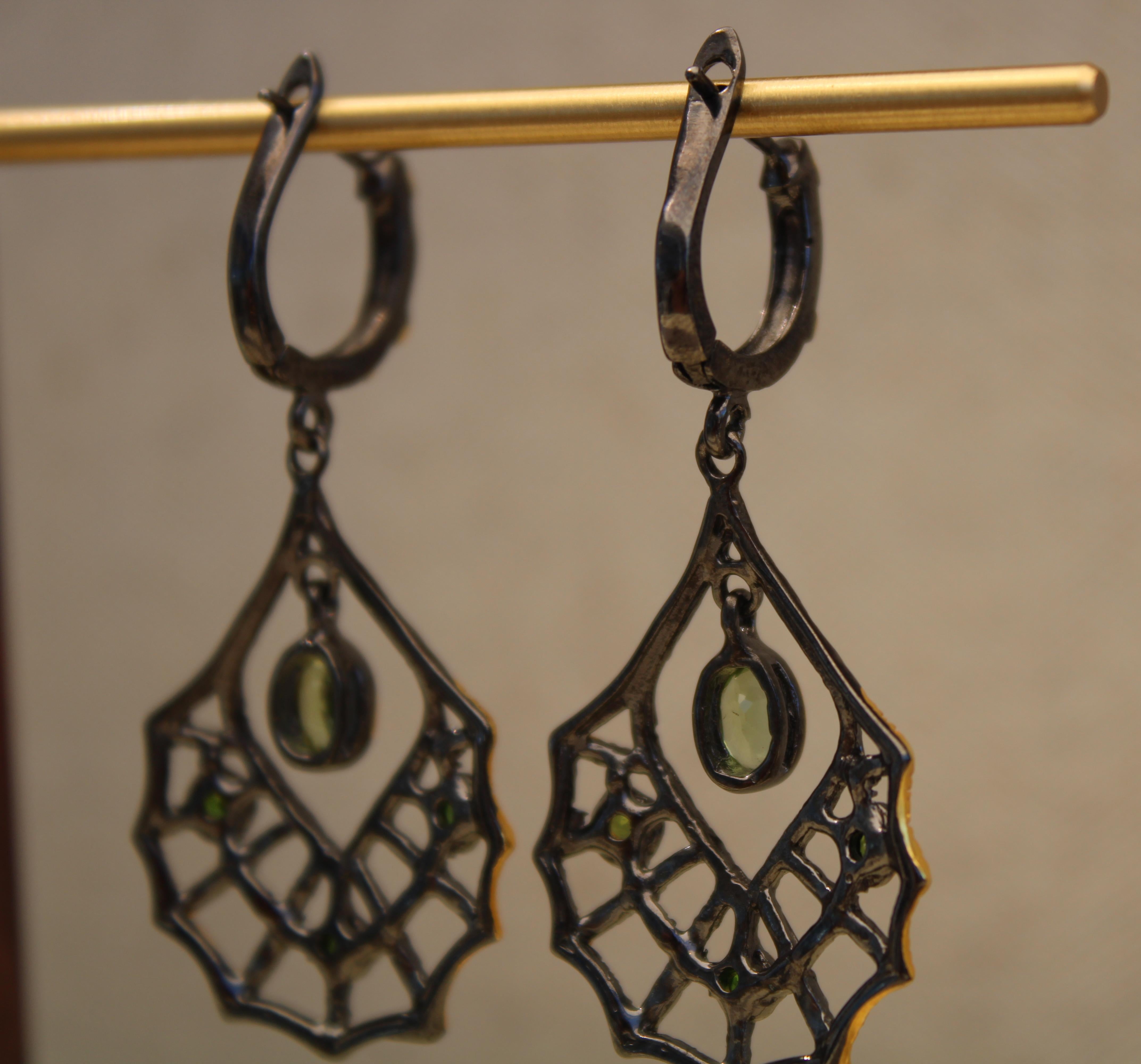 Women's Green Peridot Gold & Black Rhodium Web Earrings For Sale