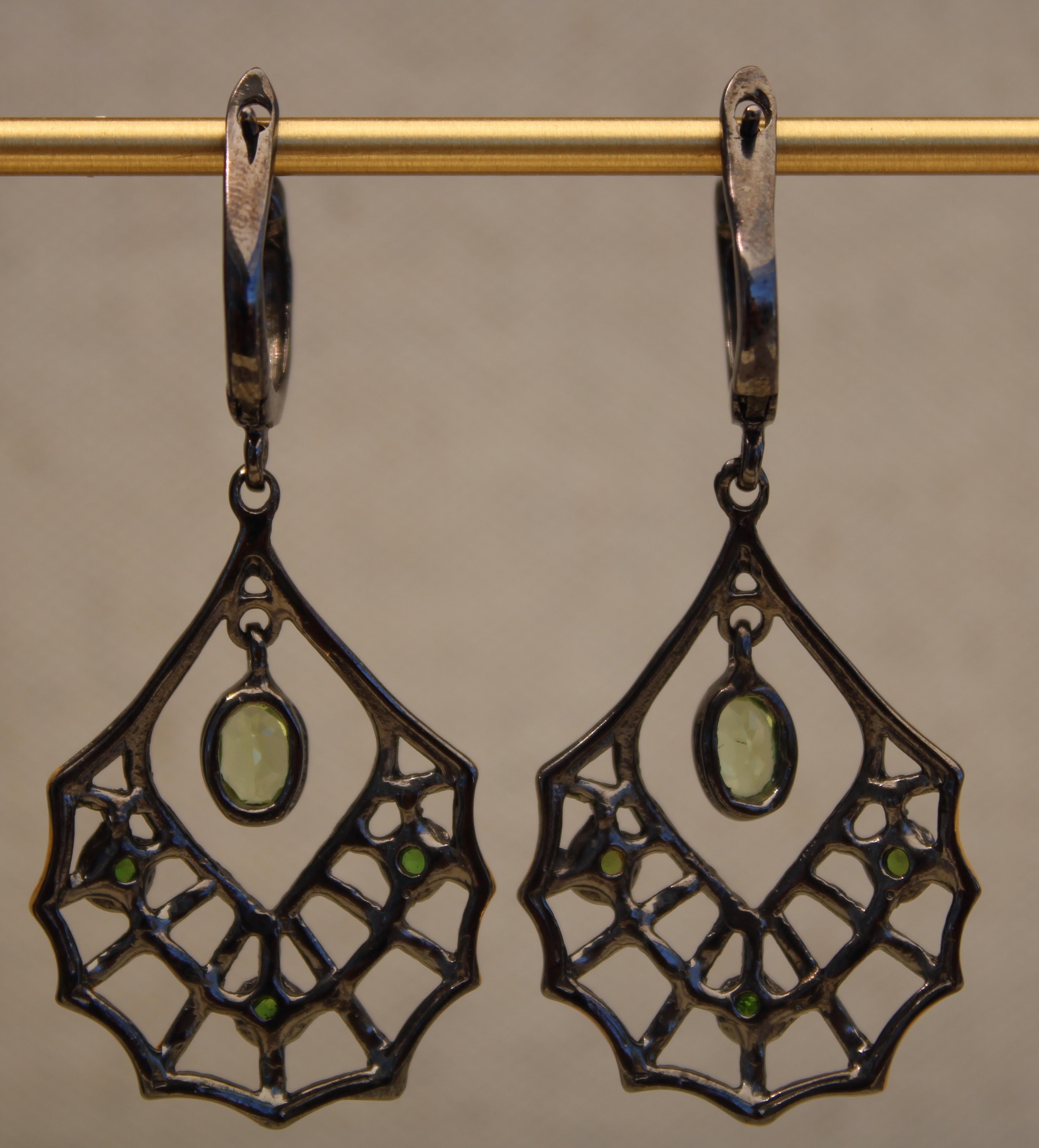 Green Peridot Gold & Black Rhodium Web Earrings For Sale 1