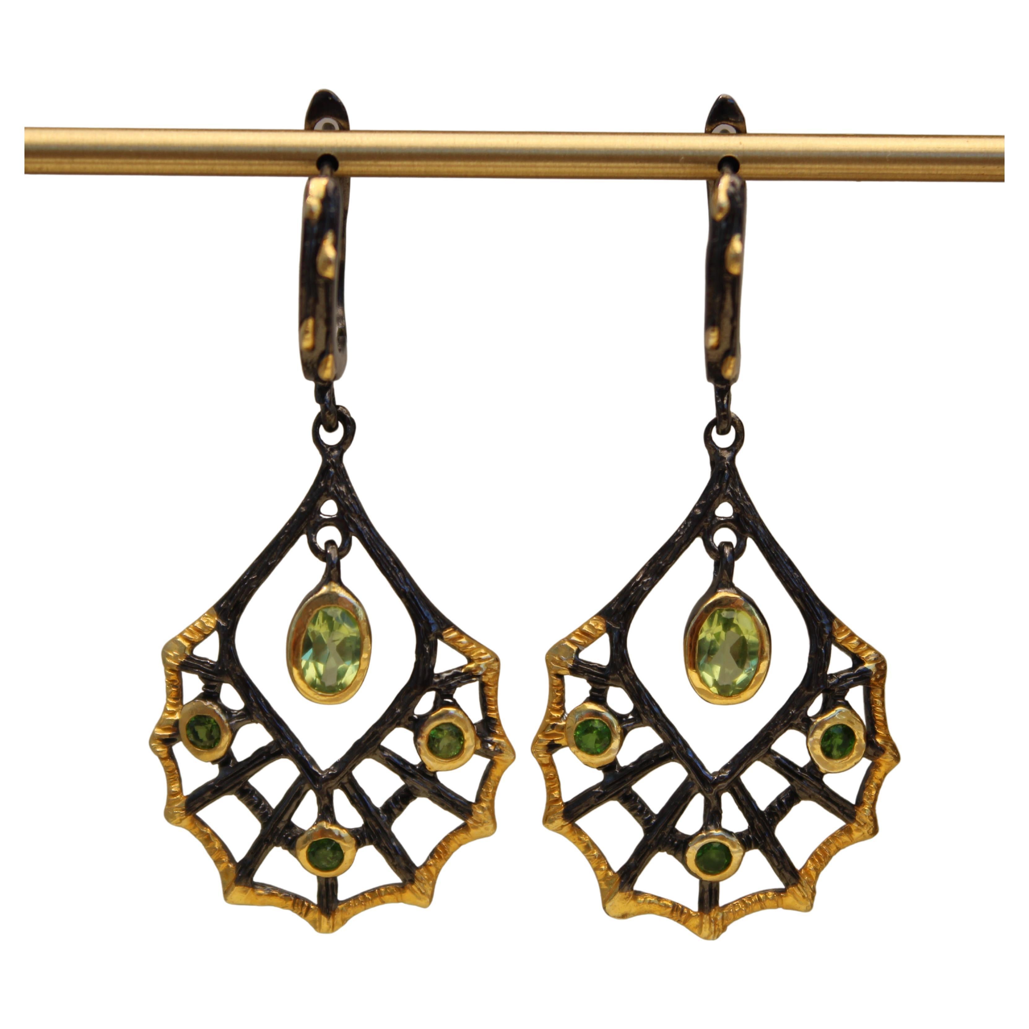 Green Peridot Gold & Black Rhodium Web Earrings For Sale