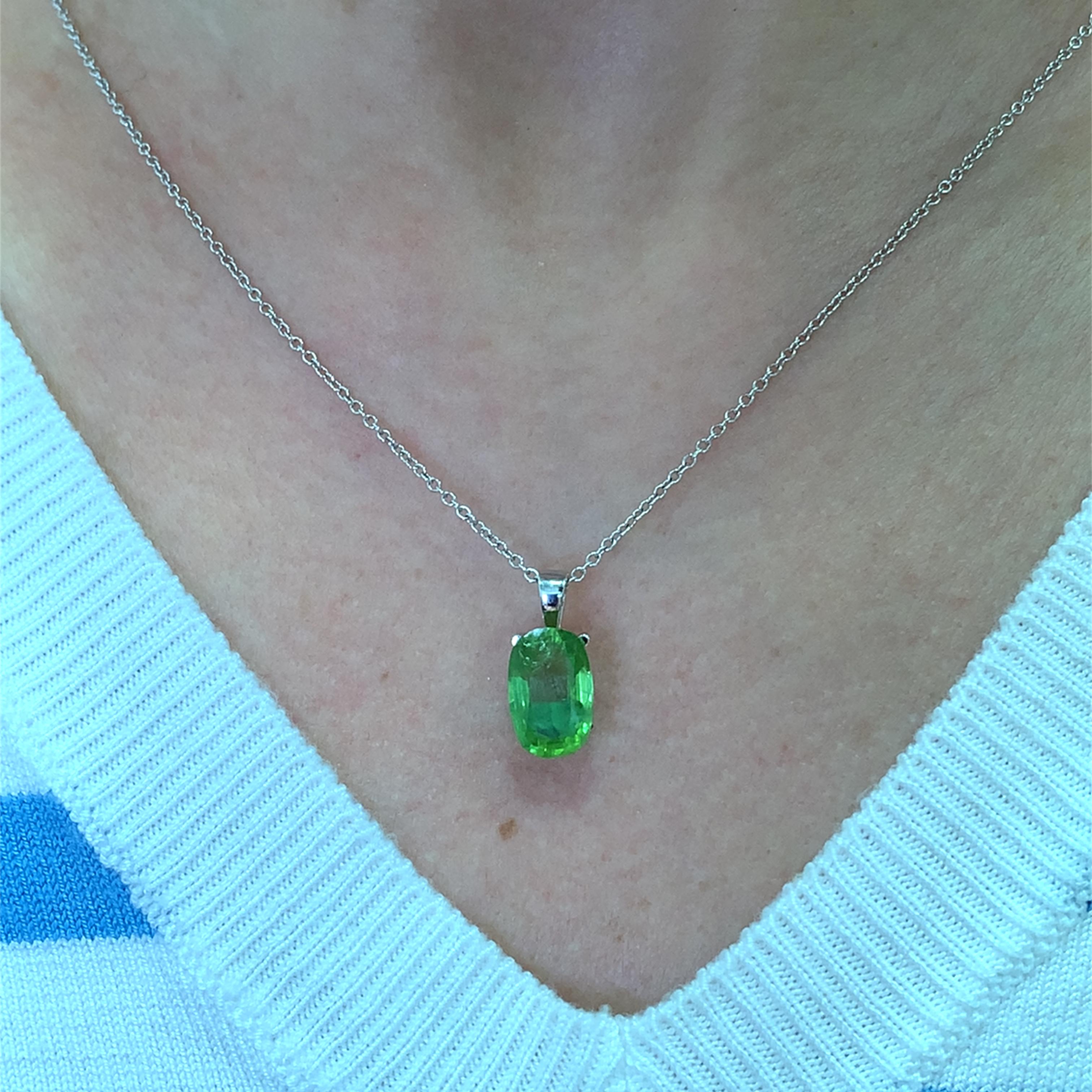 Questo splendido ciondolo con gemma di peridoto verde da 4,07 carati è un vero e proprio pezzo forte. Realizzato con precisione, presenta una vibrante gemma dal taglio ovale di 12/7 mm che cattura la luce in modo meraviglioso. La delicata catena in