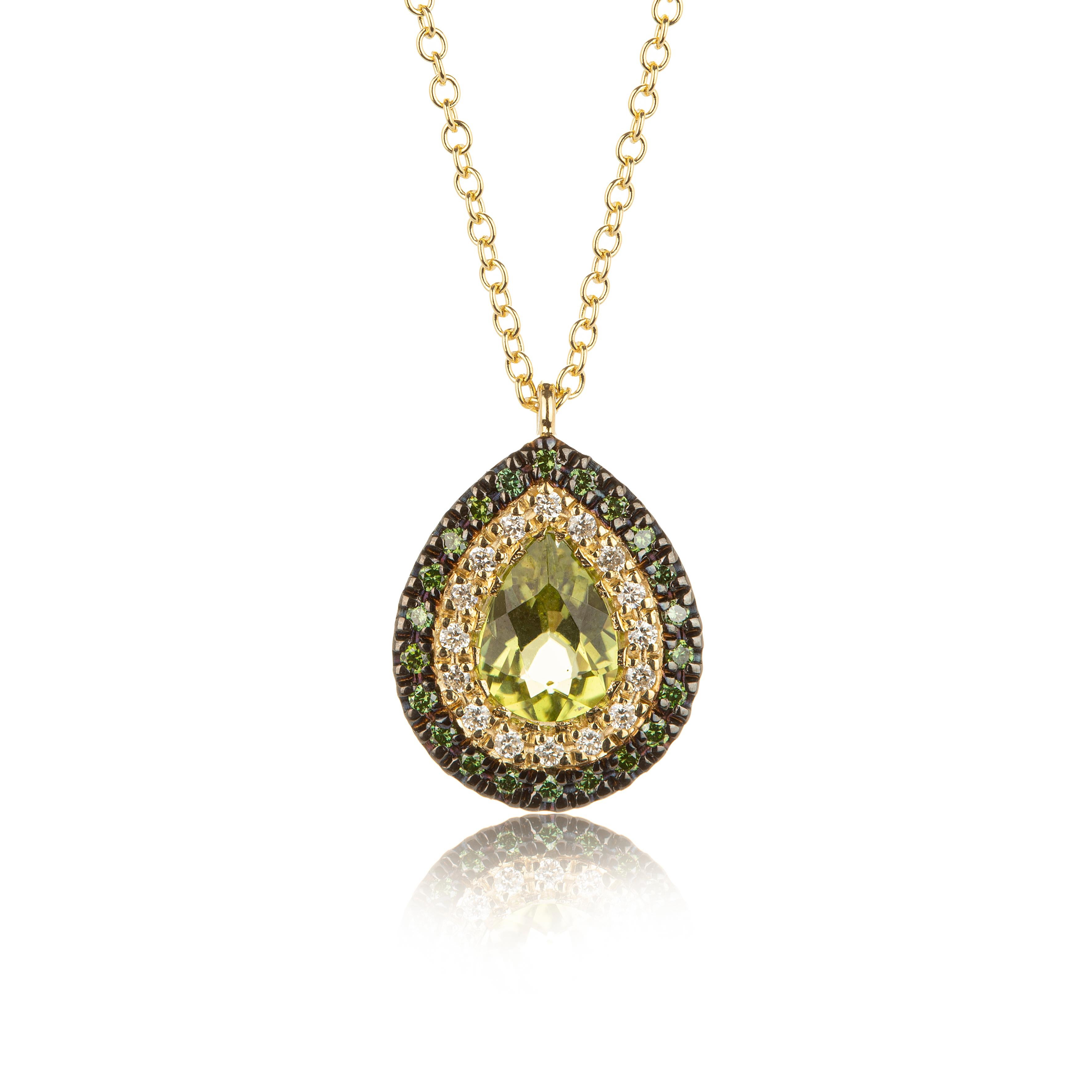 Etruscan Revival  Green Peridot Pear Shape Necklace in 18Kt Yellow Gold with pave  Diamonds For Sale