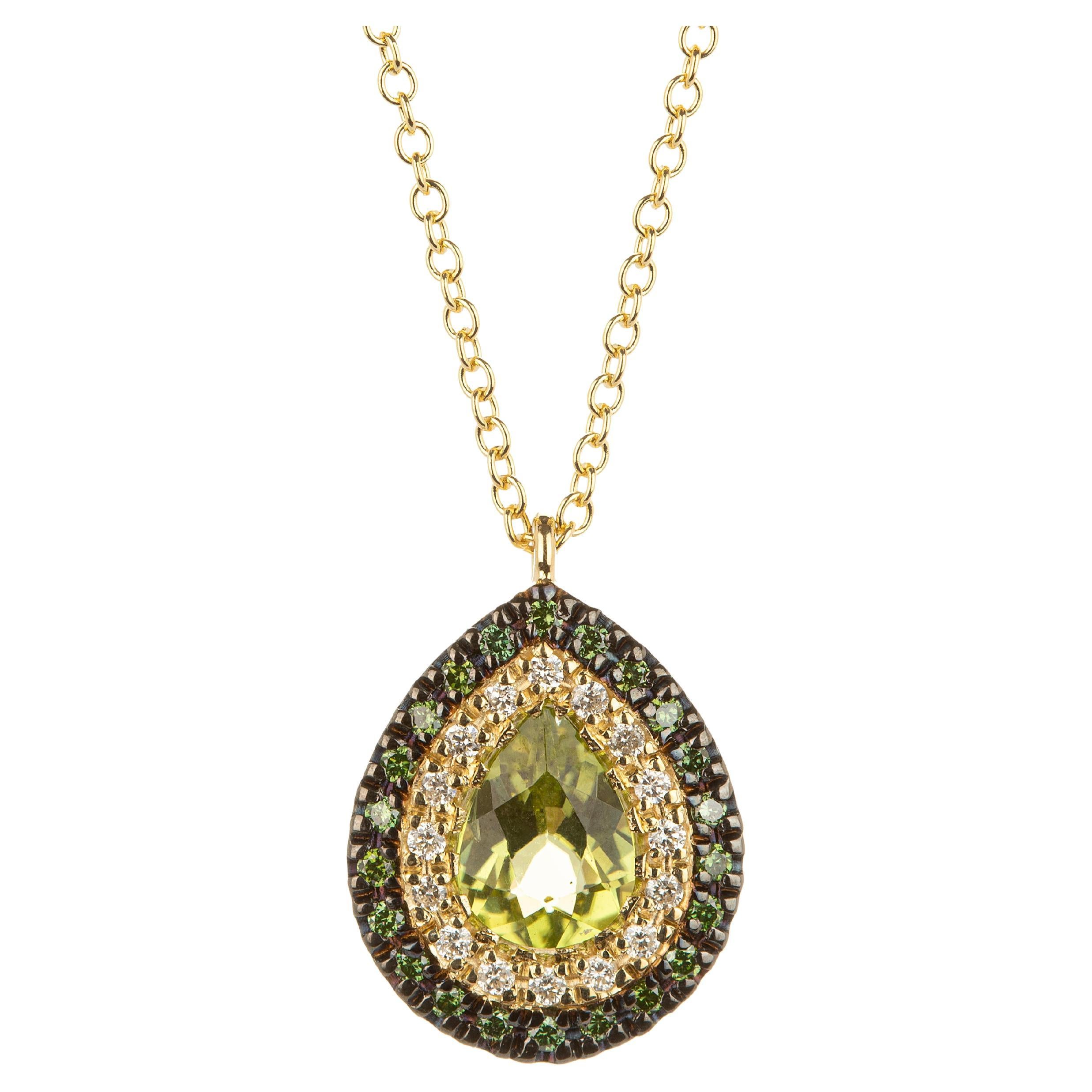  Green Peridot Pear Shape Necklace in 18Kt Yellow Gold with pave  Diamonds For Sale