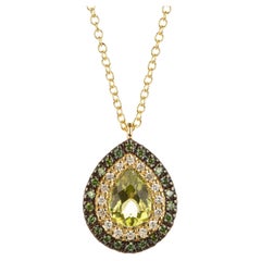  Green Peridot Pear Shape Necklace in 18Kt Yellow Gold with pave  Diamonds