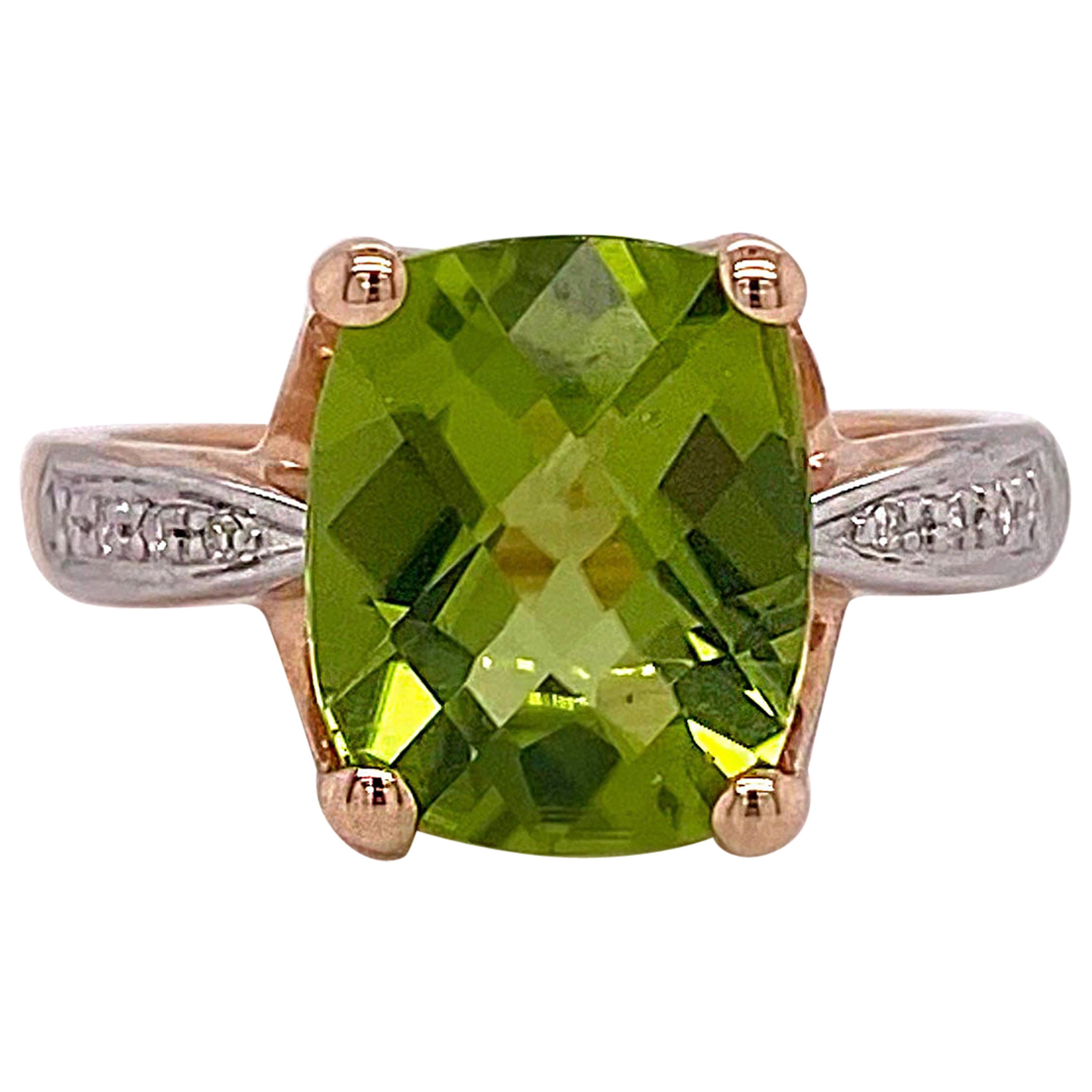 Green Peridot Ring, 4.00 Carat Cushion Cut Genuine Gem with Diamonds For Sale