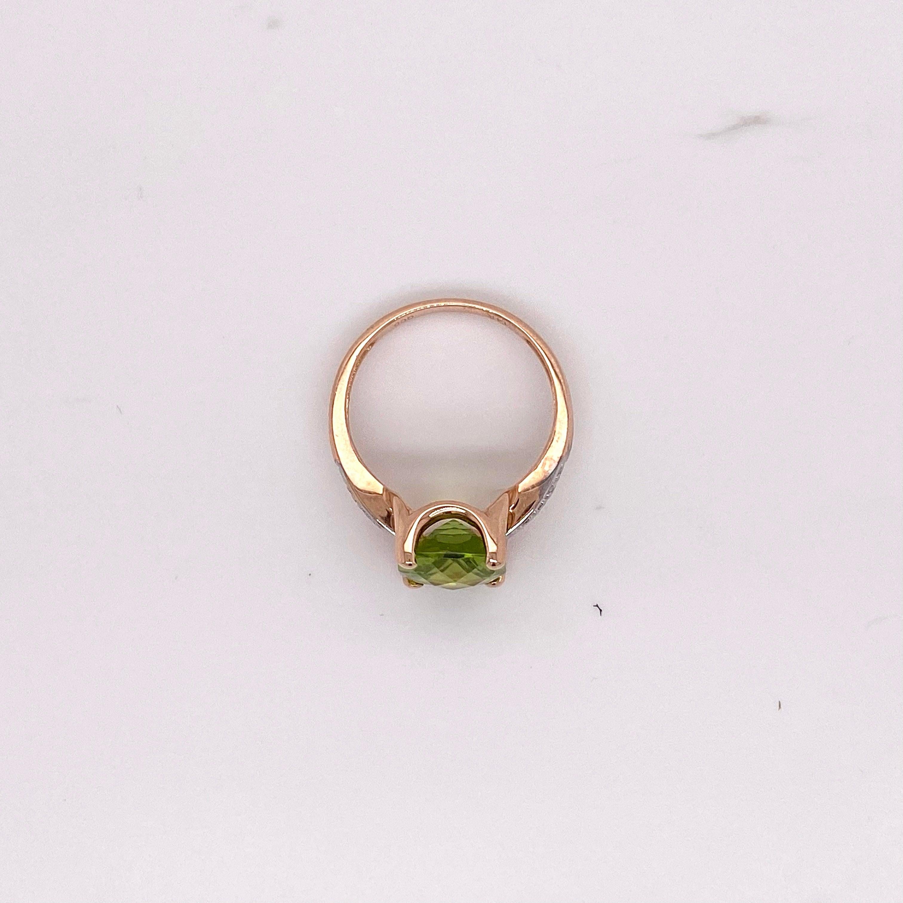 Green Peridot Ring, 4.00 Carat Cushion Cut Genuine Gem with Diamonds, Sizable 5