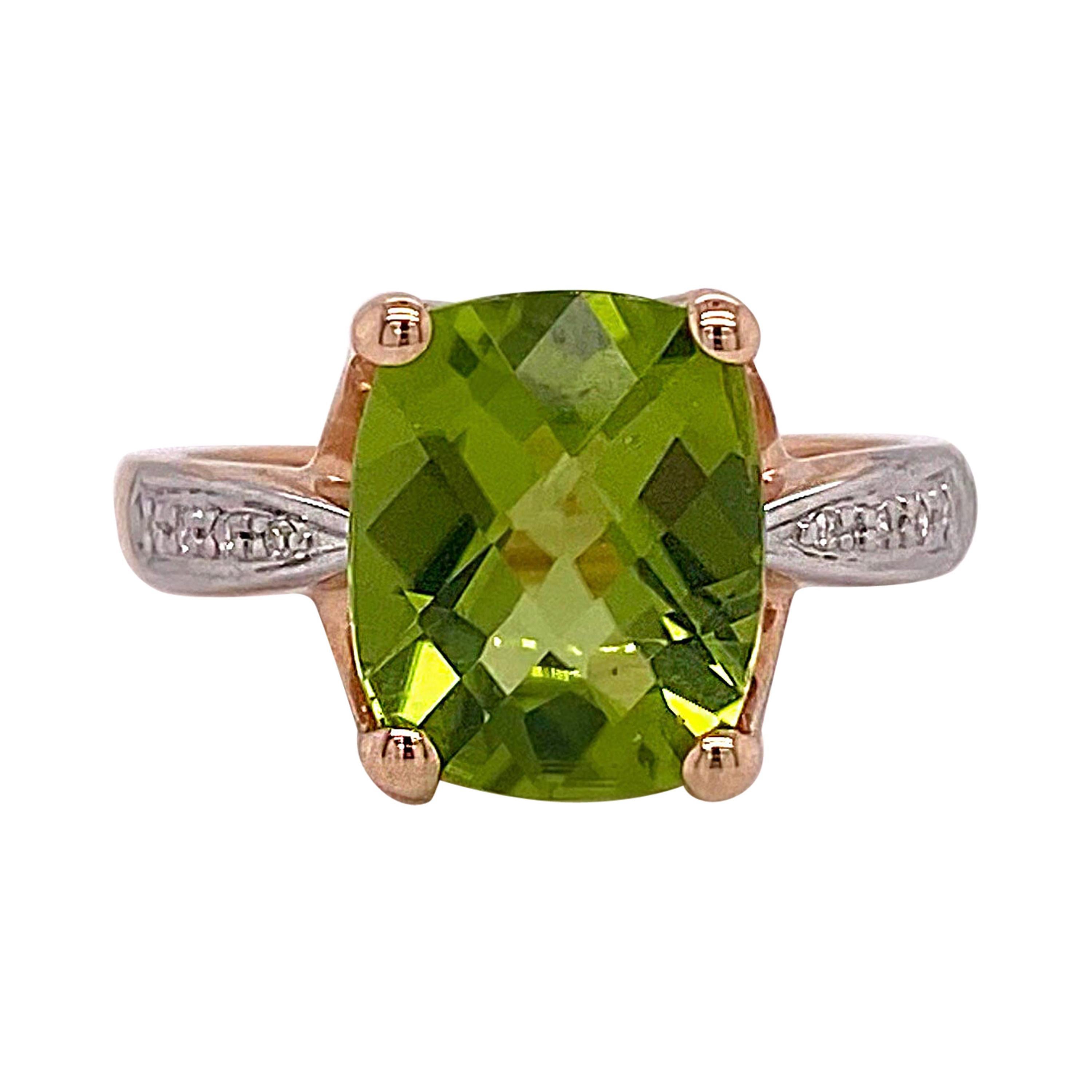 Green Peridot Ring, 4.00 Carat Cushion Cut Genuine Gem with Diamonds, Sizable