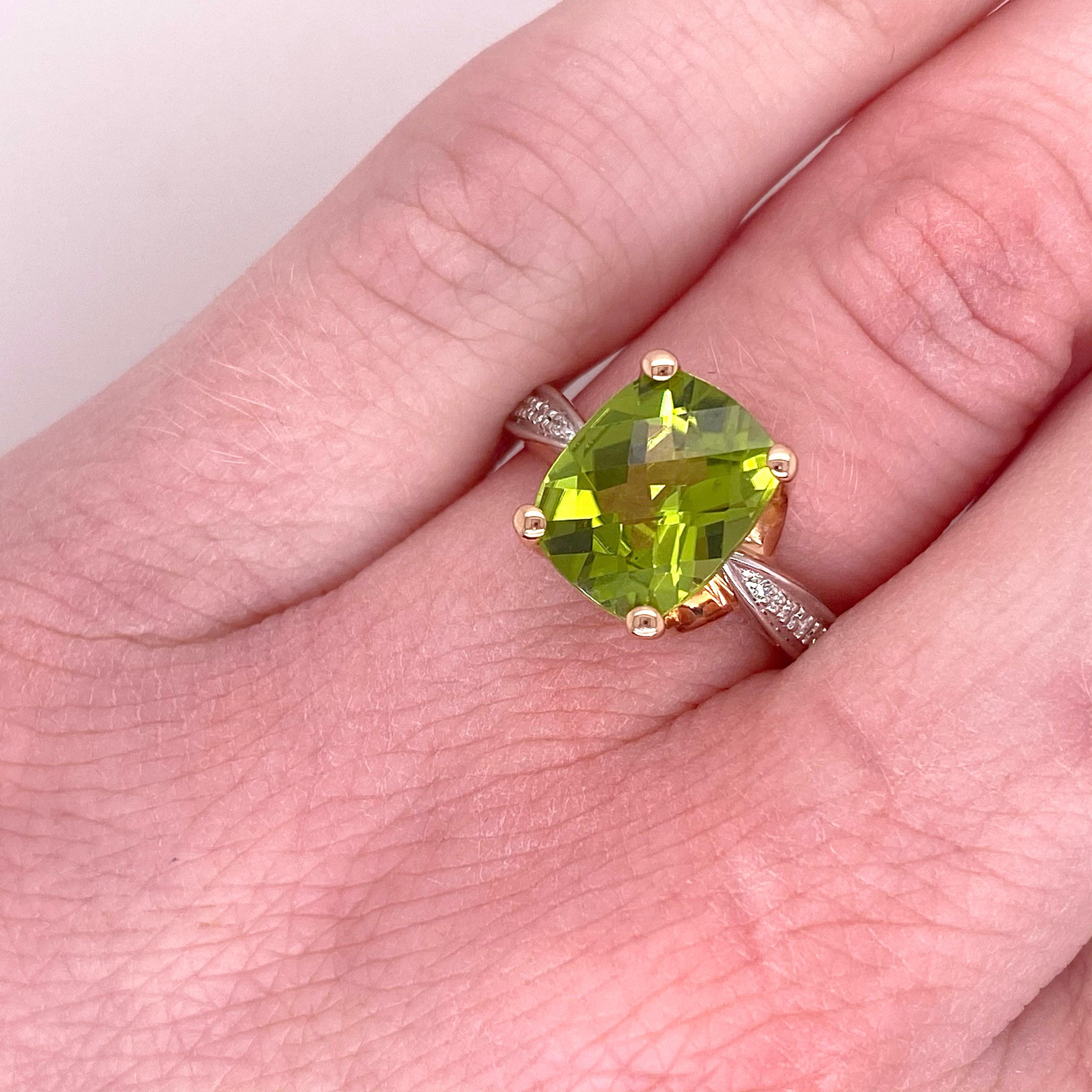 14K Rose Gold and White Gold
Diamond Number: 8
Diamond Weight: .06 Carats 
Gemstone: Green Peridot 
Gemstone Weight: 4.00 Carats
Ring Size: 7 (can be sized by your local jeweler)
Stone Width: 11.07 x 9.02 millimeters 
Band Width: 3.07 millimeters