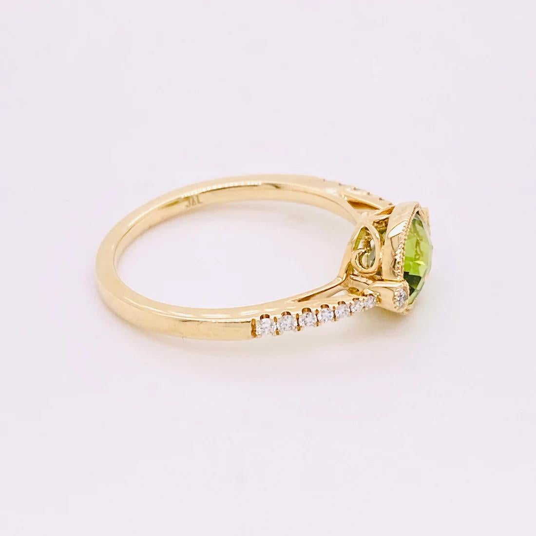 This stunning green peridot will look stunning on you! The genuine gemstone is set in a bezel with beaded accents and diamonds on either side. The diamonds are all genuine and natural and create a brilliant accent for the peridot. Whether you are