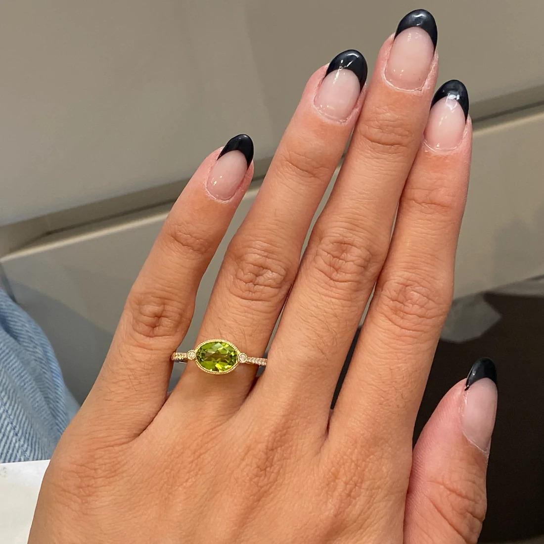 Oval Cut Green Peridot Ring w Oval Peridot Set East to West with Diamonds in 14 KT Yellow For Sale