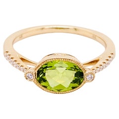 Green Peridot Ring w Oval Peridot Set East to West with Diamonds in 14 KT Yellow